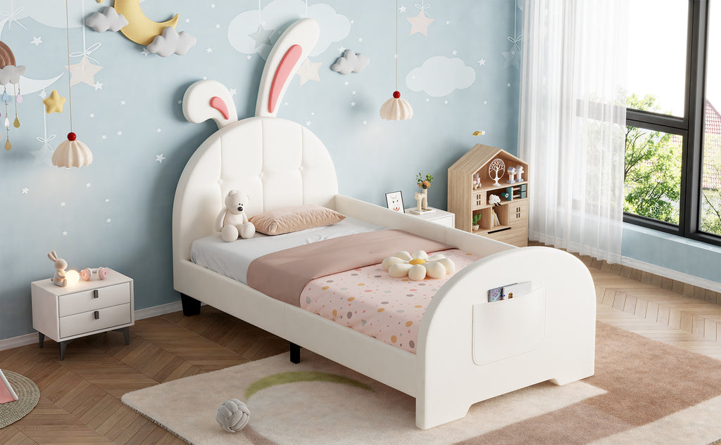 3ft Single Rabbit-Shaped Upholstered Bed Frame, Bunny Ear Headboard & Footboard Storage Pocket, Soft PU Leather Single Bed with Sturdy Metal-Wood Frame, Cream White (No Mattress)