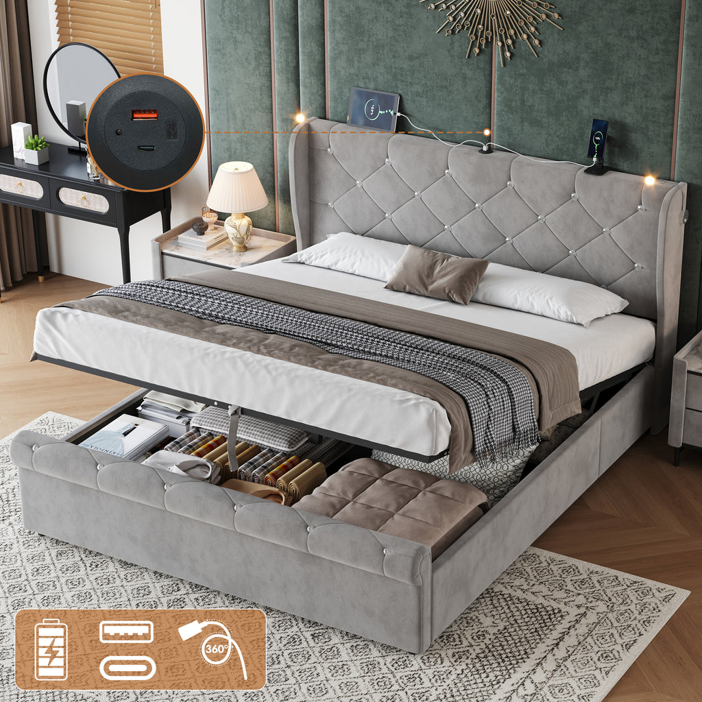 4ft6 Double Upholstered Bed Frame with Hydraulic Storage,  Diamond Tufted Headboard with Charging Station and Reading Light, USB and Type - C Ports, Velvet, Grey (No Mattress)