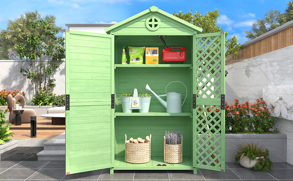 Outdoor Wood Garden Furniture Storage Shed, Tool House with Ventilation Slots for Backyard, Patio, Fade Free, All Weather Resistant, Safe and Secure, Zero Maintenance, Green