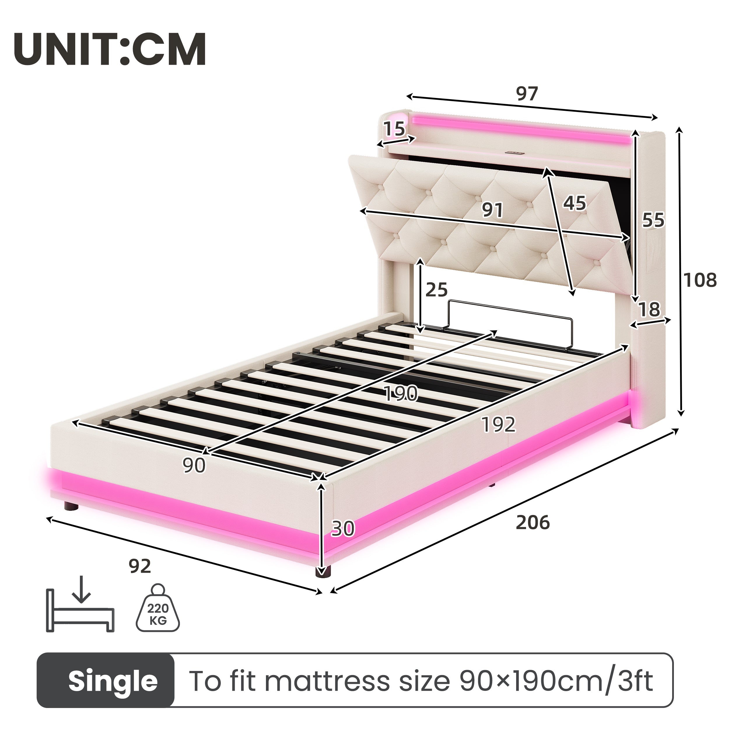 3ft Single Upholstered Bed Frame with Hydraulic Storage, LED Button Tufted Headboard with Charging Station and Concealed Headboard Storage, USB and Type-C Ports, Linen, Beige (No Mattress)
