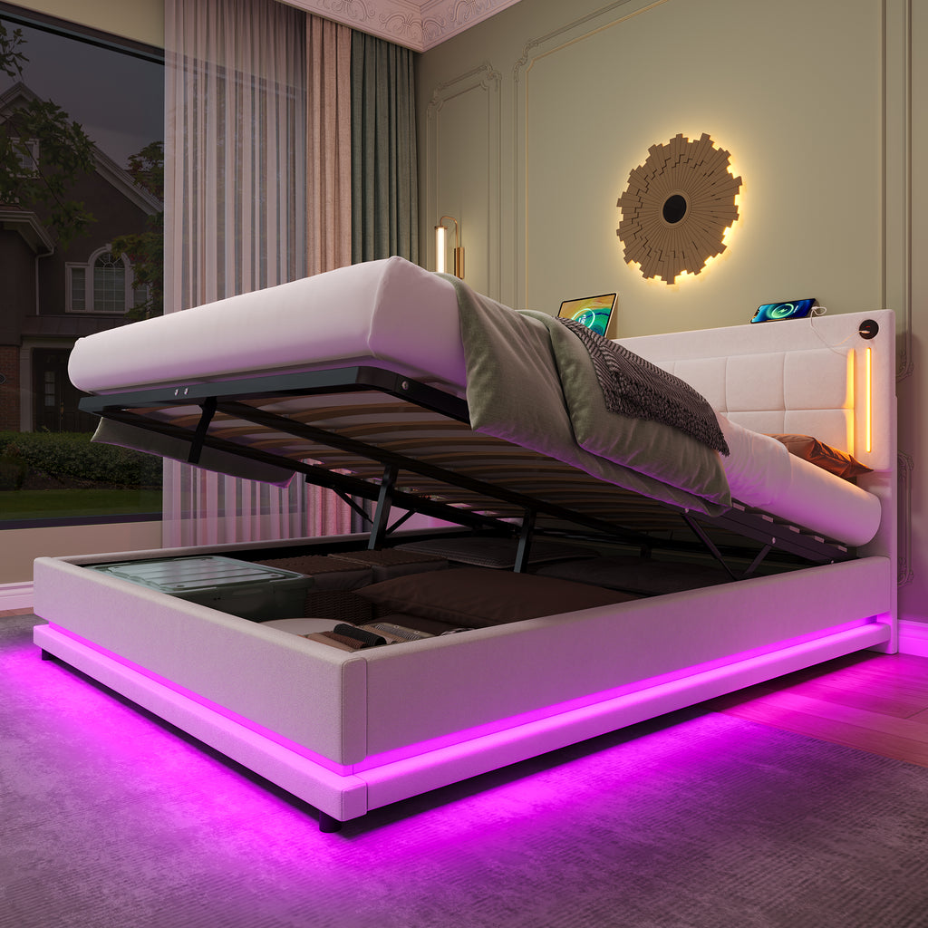 5ft King LED Hydraulic Bed with Charging Station, Adjustable Square Tufted Headboard with Intelligent Control Light, Soft Velvet Bed Frame with USB and Type - C Ports, Beige (No Mattress)