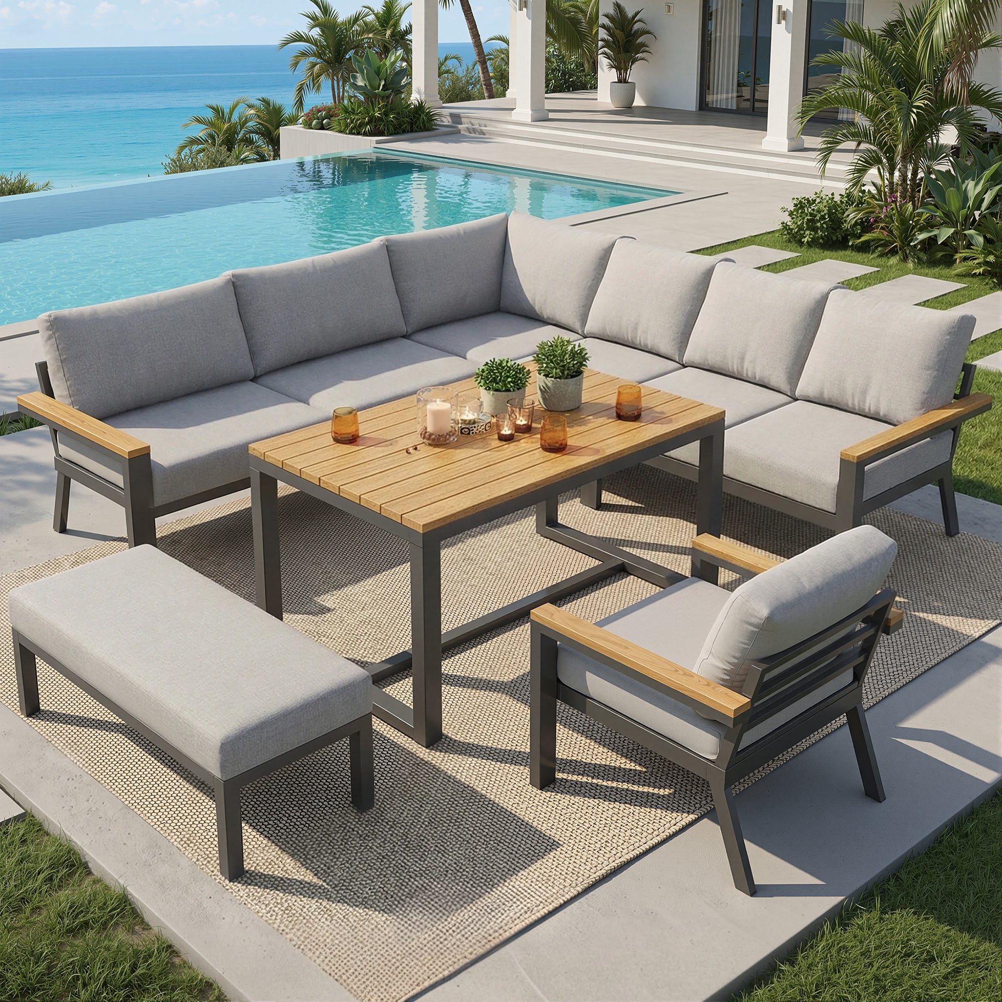 Eight-person L-shaped garden sofa set with wooden table / Weatherproof corner suite made of iron / Including armchair, bench & wooden worktop / With grey cushions