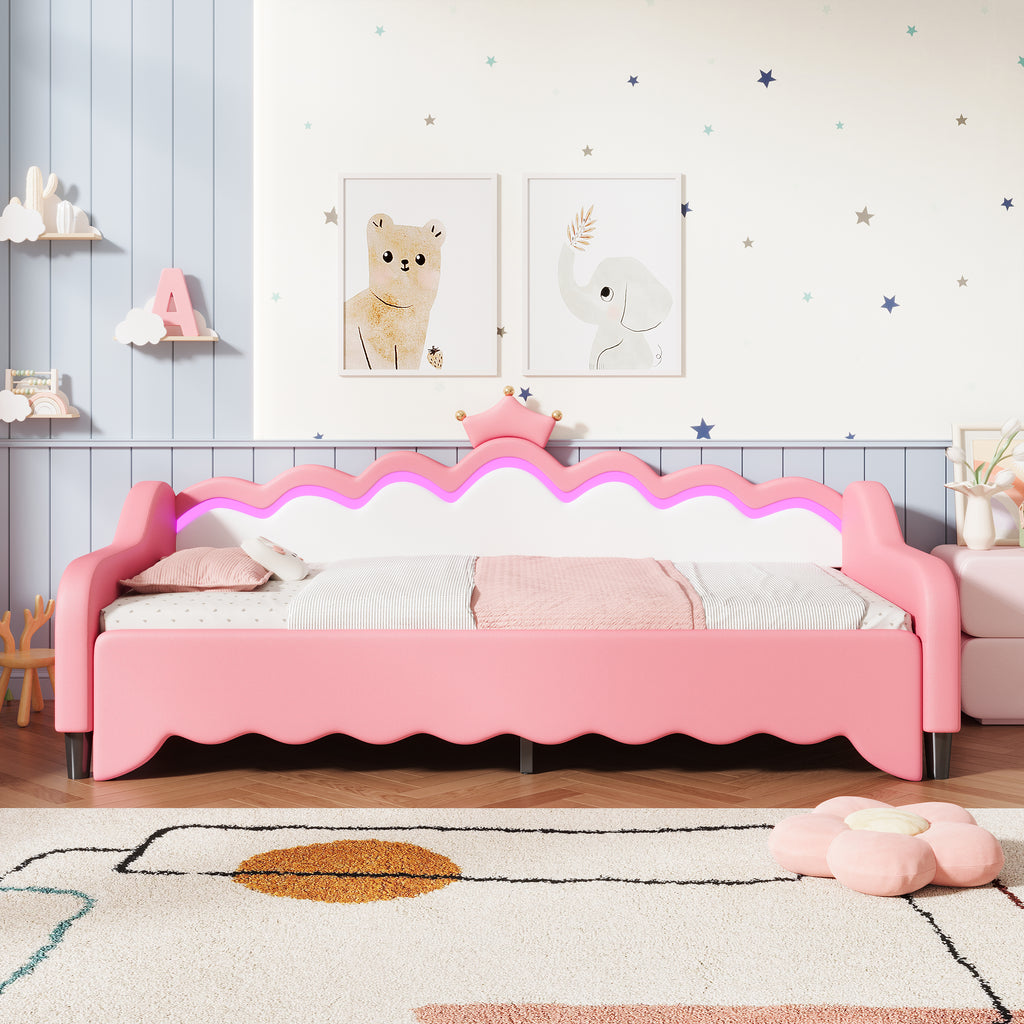 3ft Single Daybed with LED Crown Shape Headboard, PU Leather Sofa Bed Frame with Solid Wood Slat, Pull out Trundle Bed for Living Room/ Bedroom/ Study Room, Cream White + Pink (No Mattress)
