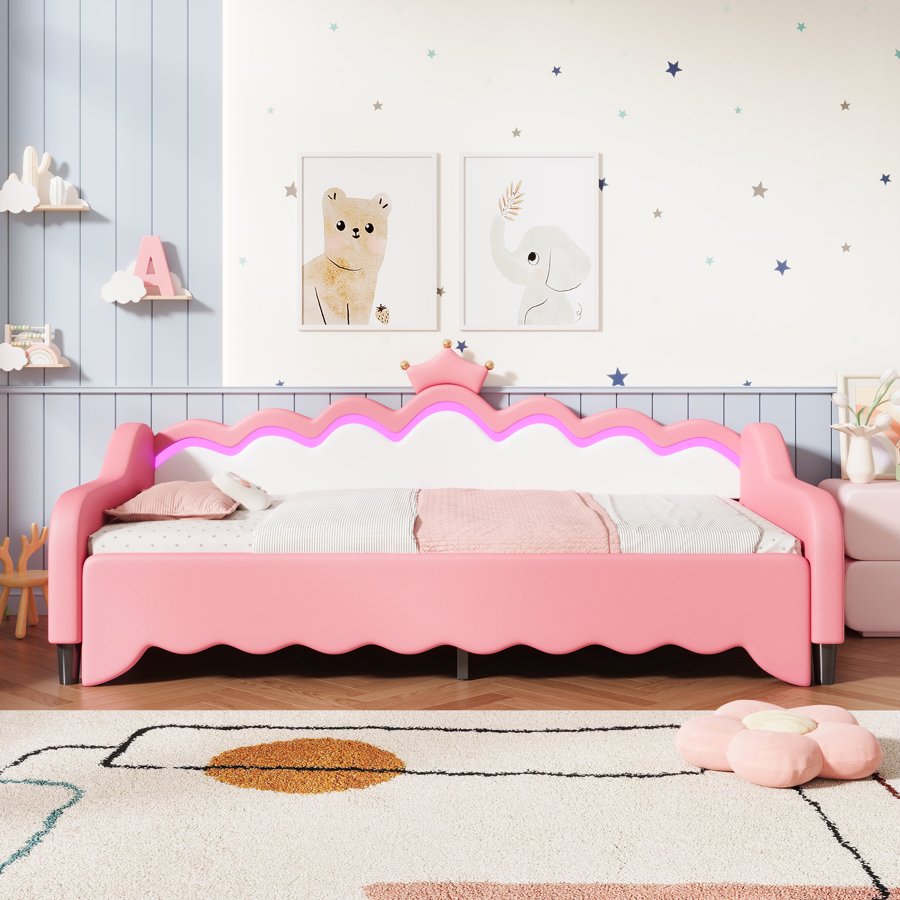 3ft Single Daybed with LED Crown Shape Headboard, PU Leather Sofa Bed Frame with Solid Wood Slat, Pull out Trundle Bed for Living Room/ Bedroom/ Study Room, Cream White + Pink (No Mattress)