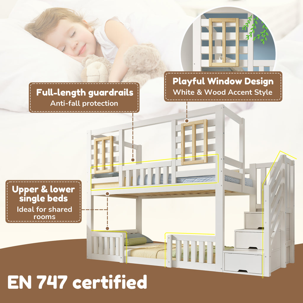 Bunk Beds for Kids, Wooden Cabin Bed with Staircase Storage, Multi-functional Tree-house Bed, Children's House Bed, Twin Sleeper (90+90) x 190 cm, Solid Wood, White