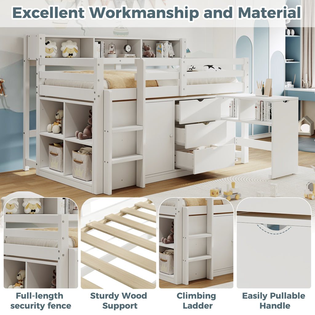 3ft Single Wooden Storage Bed with Pull-out Desk, Modern Wood Bed with Three Drawers, Storage Cabinet & Headboard Shelves, Space-saving Design with Storage Compartment, White (No Mattress)