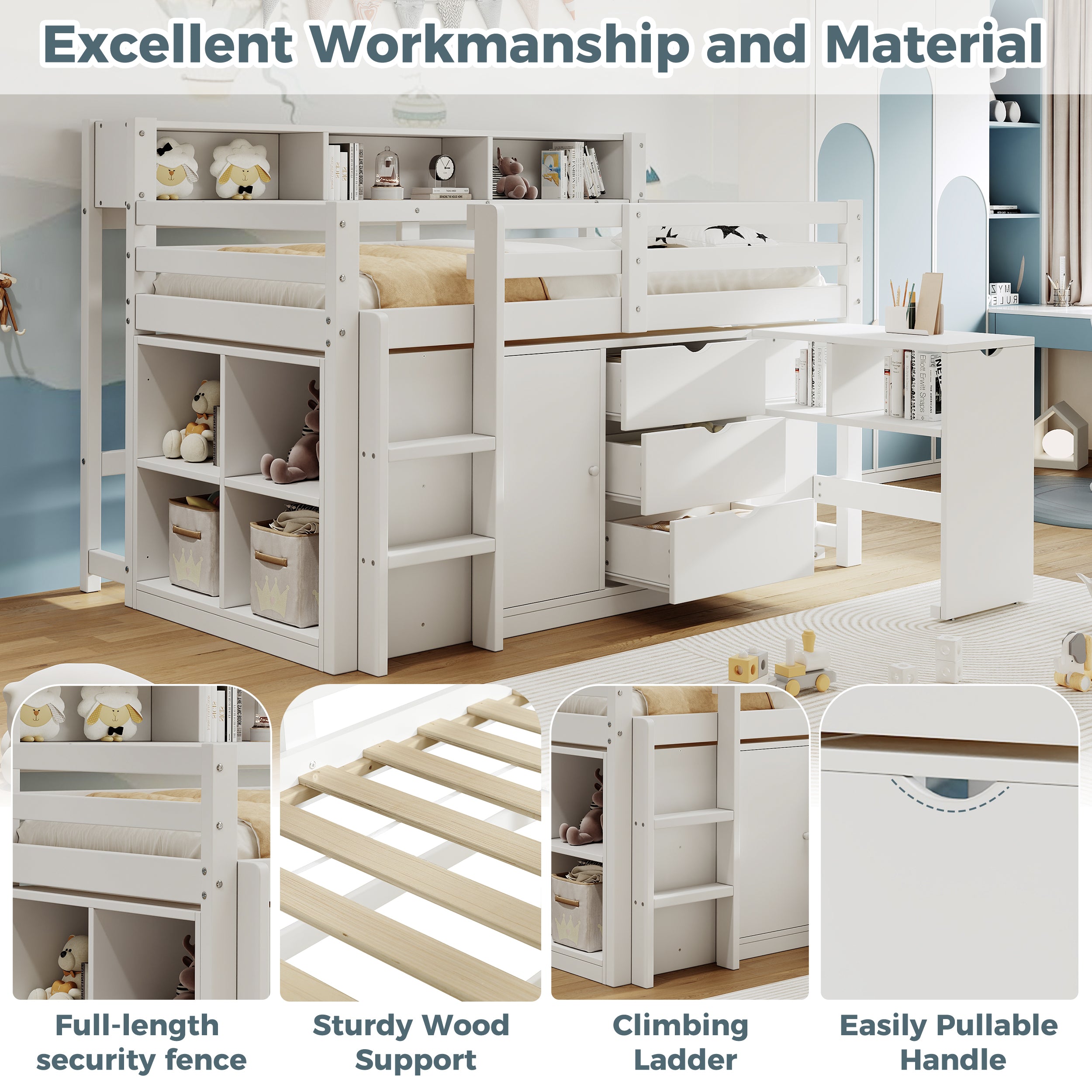 3ft Single Wooden Storage Bed with Pull-out Desk, Modern Wood Bed with Three Drawers, Storage Cabinet & Headboard Shelves, Space-saving Design with Storage Compartment, White (No Mattress)