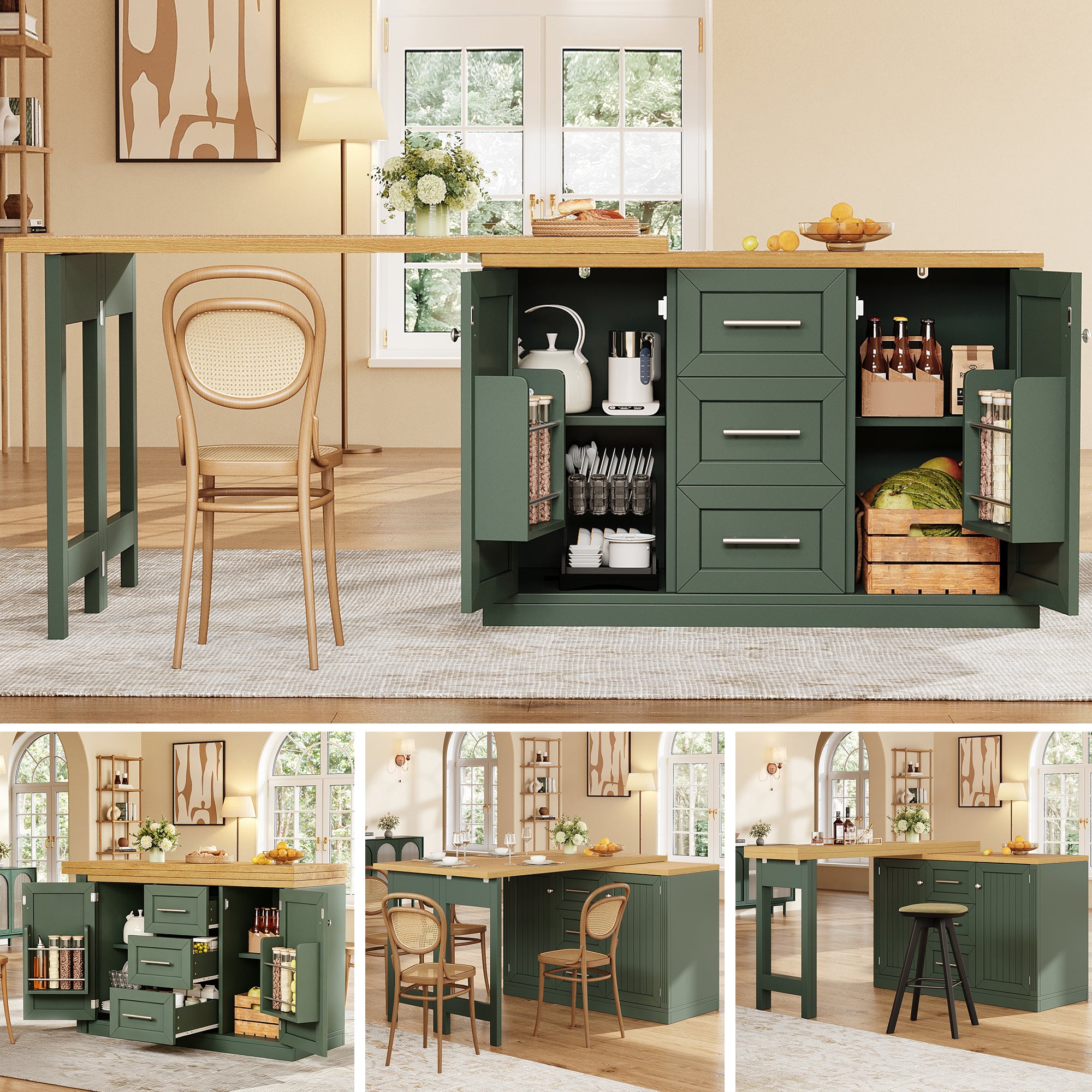 Extendable Sideboard & Table Combo, 120-180cm Adjustable Dining Table with Storage, 3 Drawers & Snack racks, Space-Saving kitchen island for Small Flats, White/Antique Green