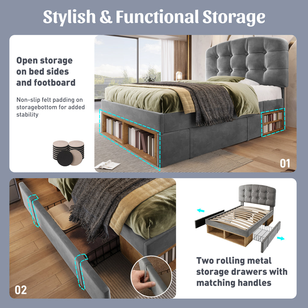 Upholstered Single Bed with Storage Compartments and Drawers, 3ft Single Bed with Adjustable Headboard, 90 x 190 cm, Velvet, Grey (No Mattress)