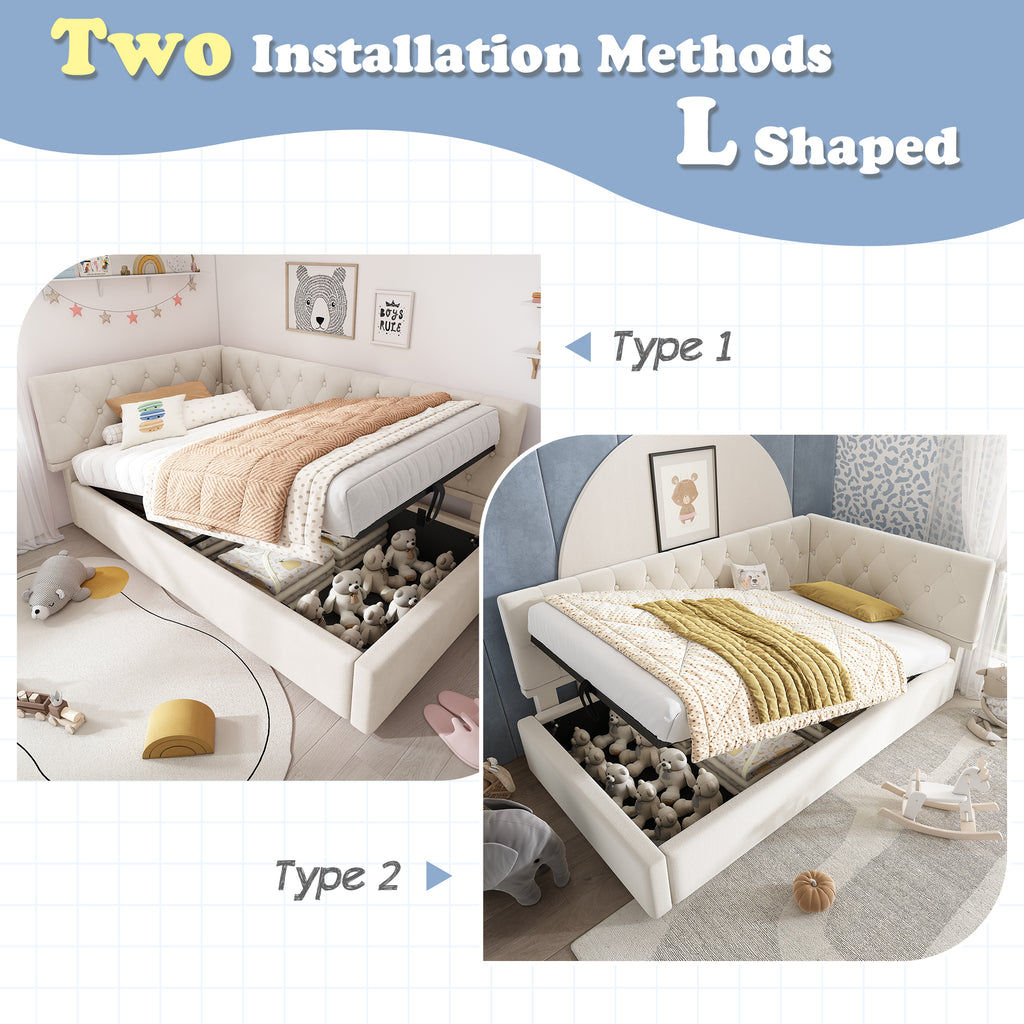 Daybed Upholstered Bed with Storage, 3FT Single Sofa Bed 90 x 190 cm, Ottoman Bed with Hydraulic Storage, Metal Slatted Bed Frame, Velvet, Beige (No Mattress)