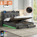 4ft6 Double Upholstered Bed Frame with Hydraulic and Drawers Storage, Back Cushion Headboard with Charging Station,  Velvet Ottoman Hydraulic Bed with RGB LED Lighting, Grey (No Mattress)
