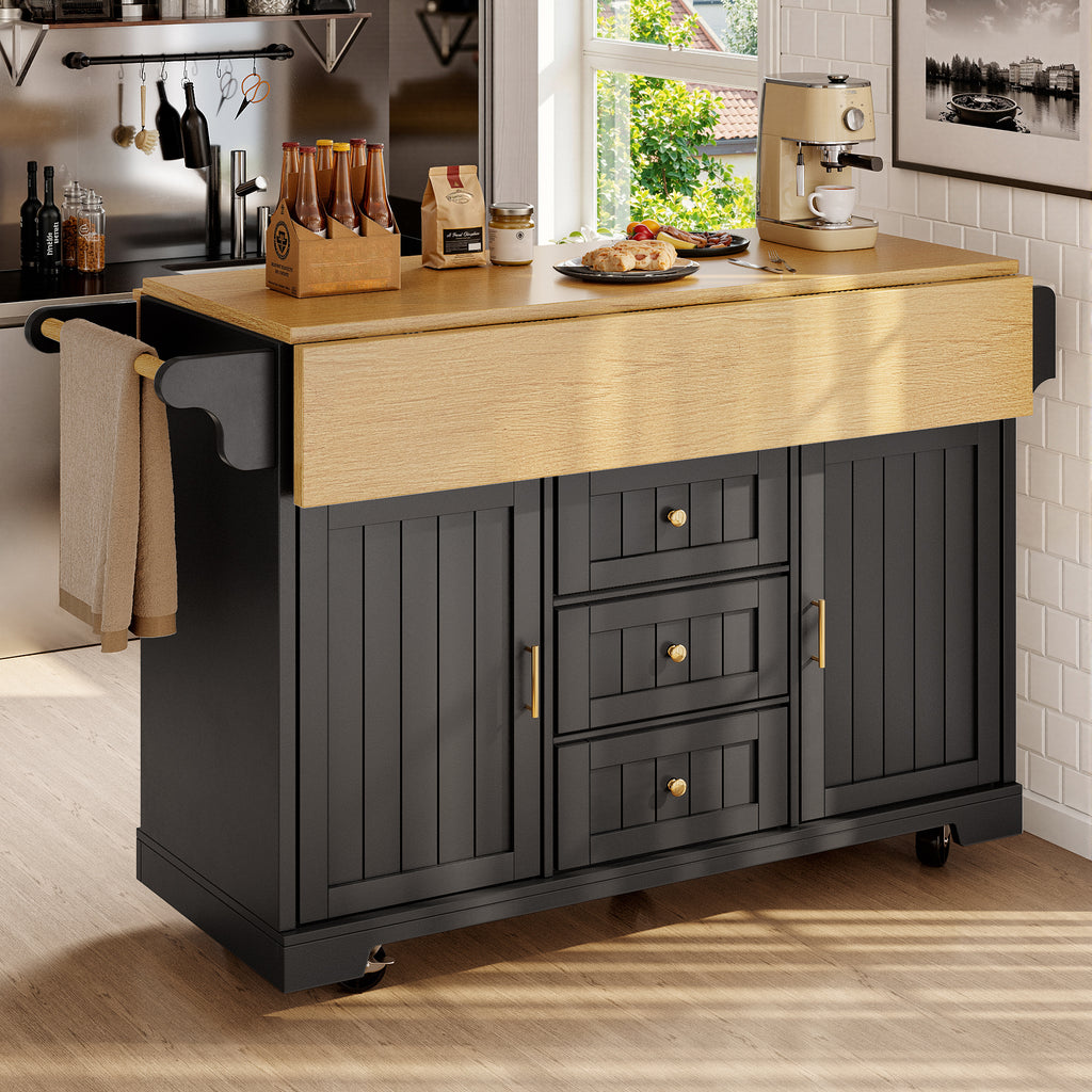 Kitchen island, cabinet, sideboard 120 x 40 (80) x 95 cm, extendable kitchen trolley with casters, extendable on both sides, with towel rail and spice rack, two doors, three drawers, black/white