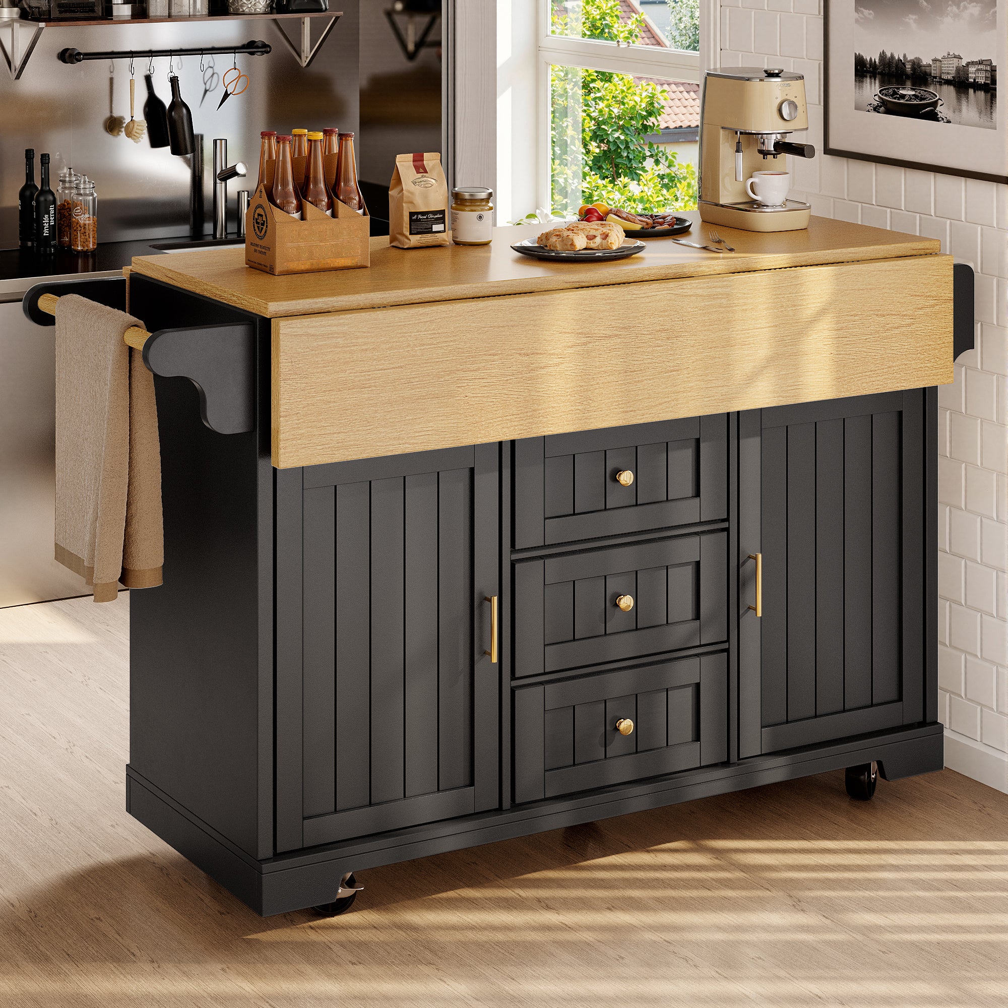 Kitchen island, cabinet, sideboard 120 x 40 (80) x 95 cm, extendable kitchen trolley with casters, extendable on both sides, with towel rail and spice rack, two doors, three drawers, black/white
