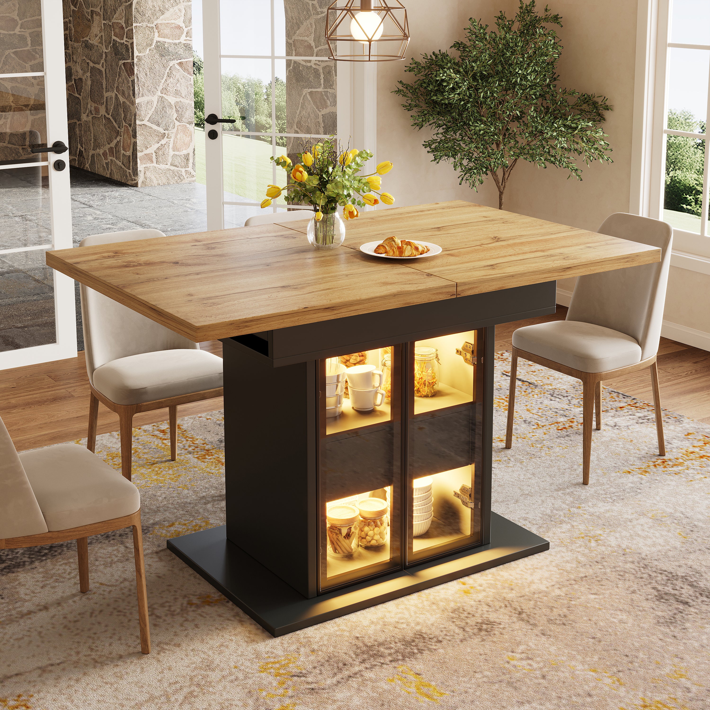 Extendable dining table with storage space & RGB LED lighting, 110–140cm, glass sliding doors & concealed push handles, white/black