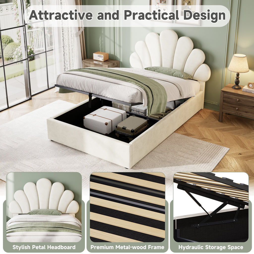 3ft Single Upholstered Hydraulic Bed with Adjustable Chic Petal Headboard, Soft Velvet Bed Frame with Hydraulic Storage, Petal Bed with Solid Wood Slat, No Box Spring Needed, Beige (No Mattress)