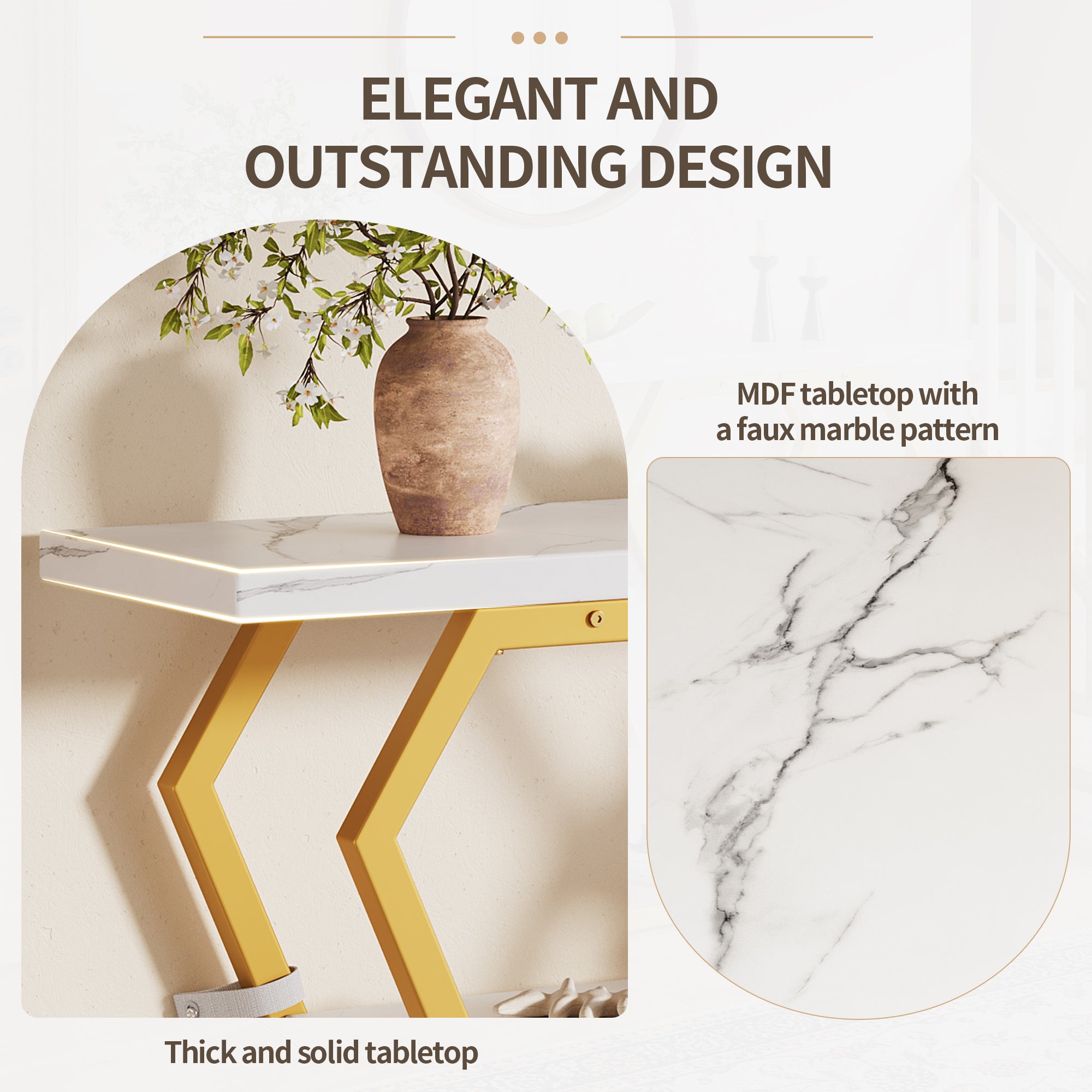 Console table (1 piece) - 120 x 29.5 x 80 cm - Dining & kitchen table, balcony table - Wooden table with marble-look top