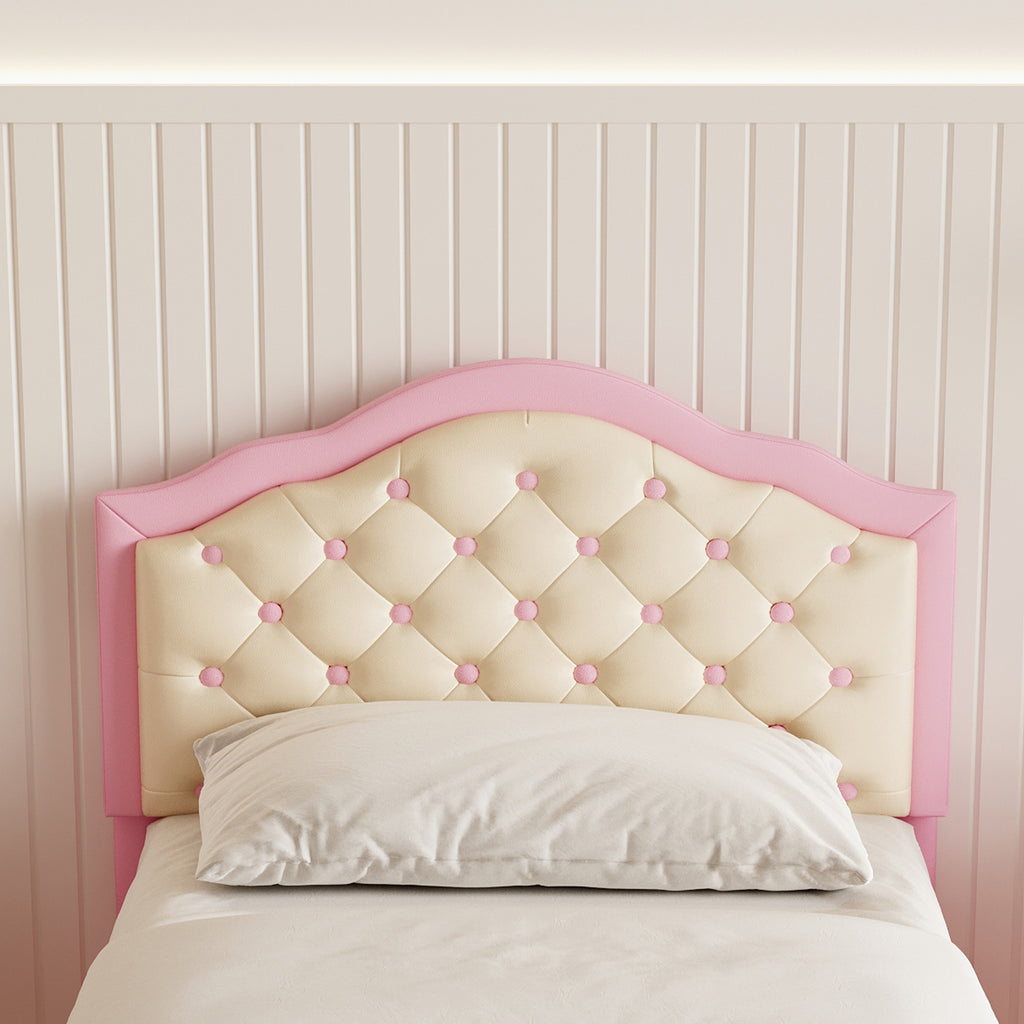 3ft Single Upholstered Bed Frame with Adjustable Chic Button-Tufted Headboard, PU Faux Leather Bed Frame with Solid Wood Slat, No Box Spring Needed, Easy Assembly, Pink+Beige (No Mattress)