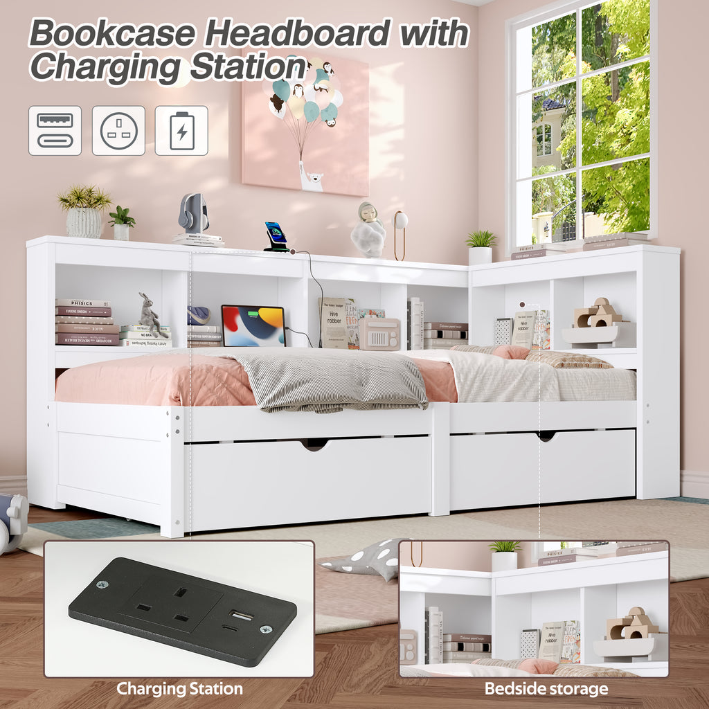 3ft Single L-Shape Daybed with Two Storage Drawers and Bookcase Storage, Modern Bed Frame with Charging Station, Wood Bed for Living Room/ Bedroom/ Study Room, 90X190cm, White (No Mattress)