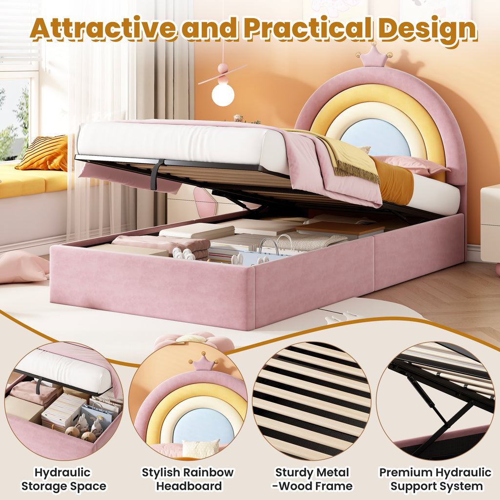 3ft Single Upholstered Hydraulic Bed with Adjustable Rainbow Headboard, Soft Velvet Bed Frame with Hydraulic Storage, Stylish Rainbow Headboard with Crown, No Box Spring Needed, Pink (No Mattress)