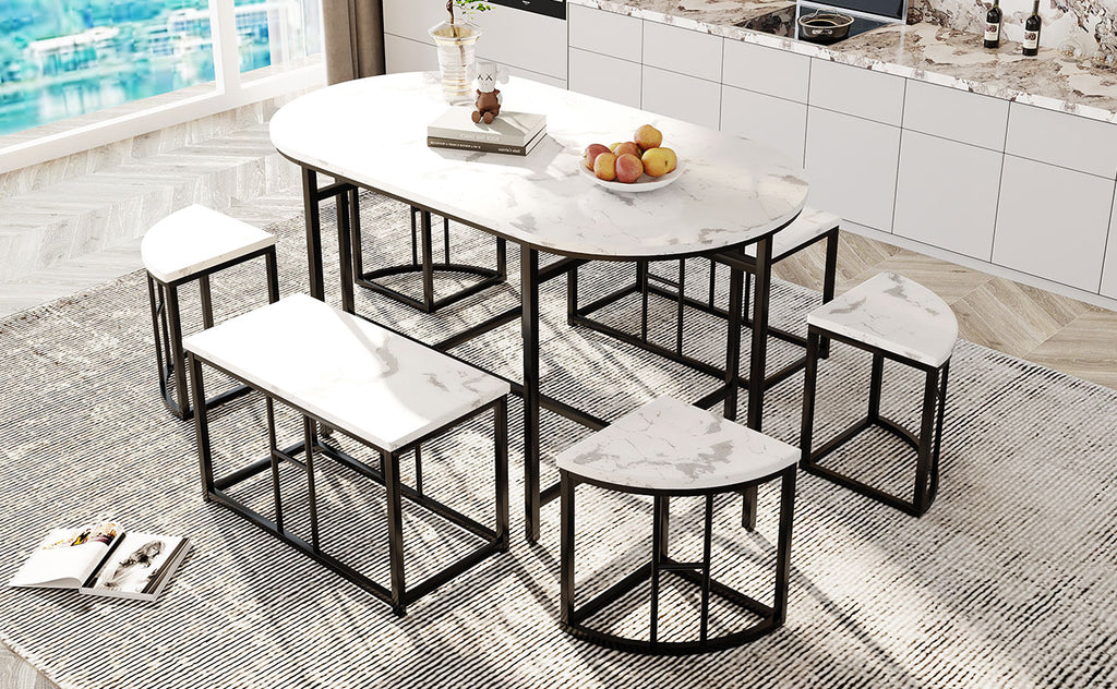 Dining room table set with six chairs, Dining group with white MDF seat cushions and gold-plated iron frames, Modern luxury tables and chairs