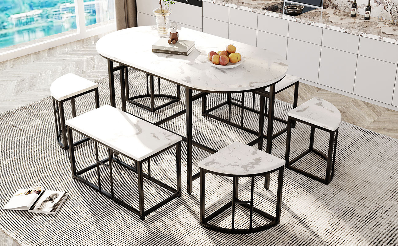 Dining room table set with six chairs, Dining group with white MDF seat cushions and gold-plated iron frames, Modern luxury tables and chairs