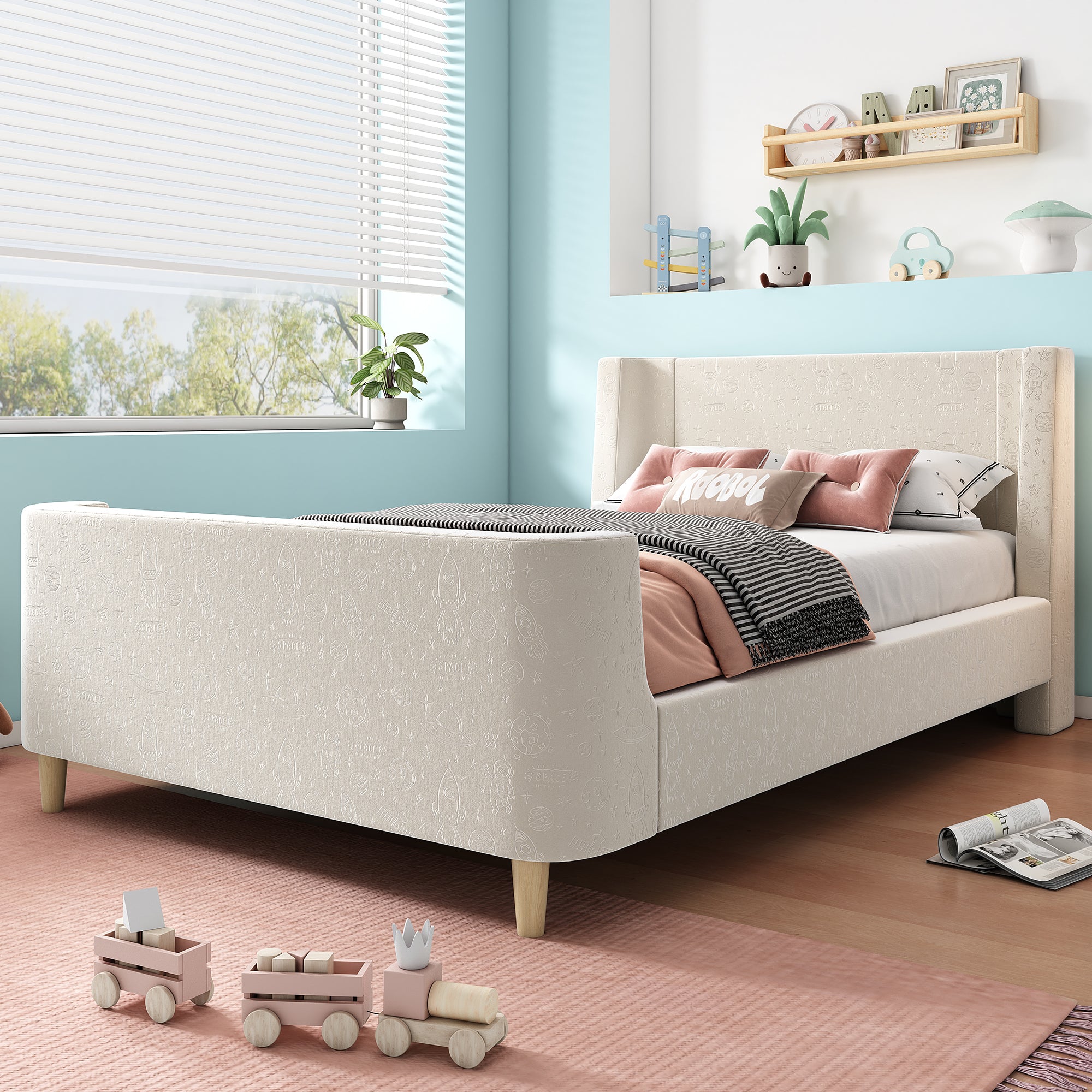 3FT Upholstered Bed, 90 x 190 cm Single Bed with Cosmic Pattern, Sleigh-style Teen Bed, Bed Frame for Boys and Girls, Beige, Velvet (Without Mattress)