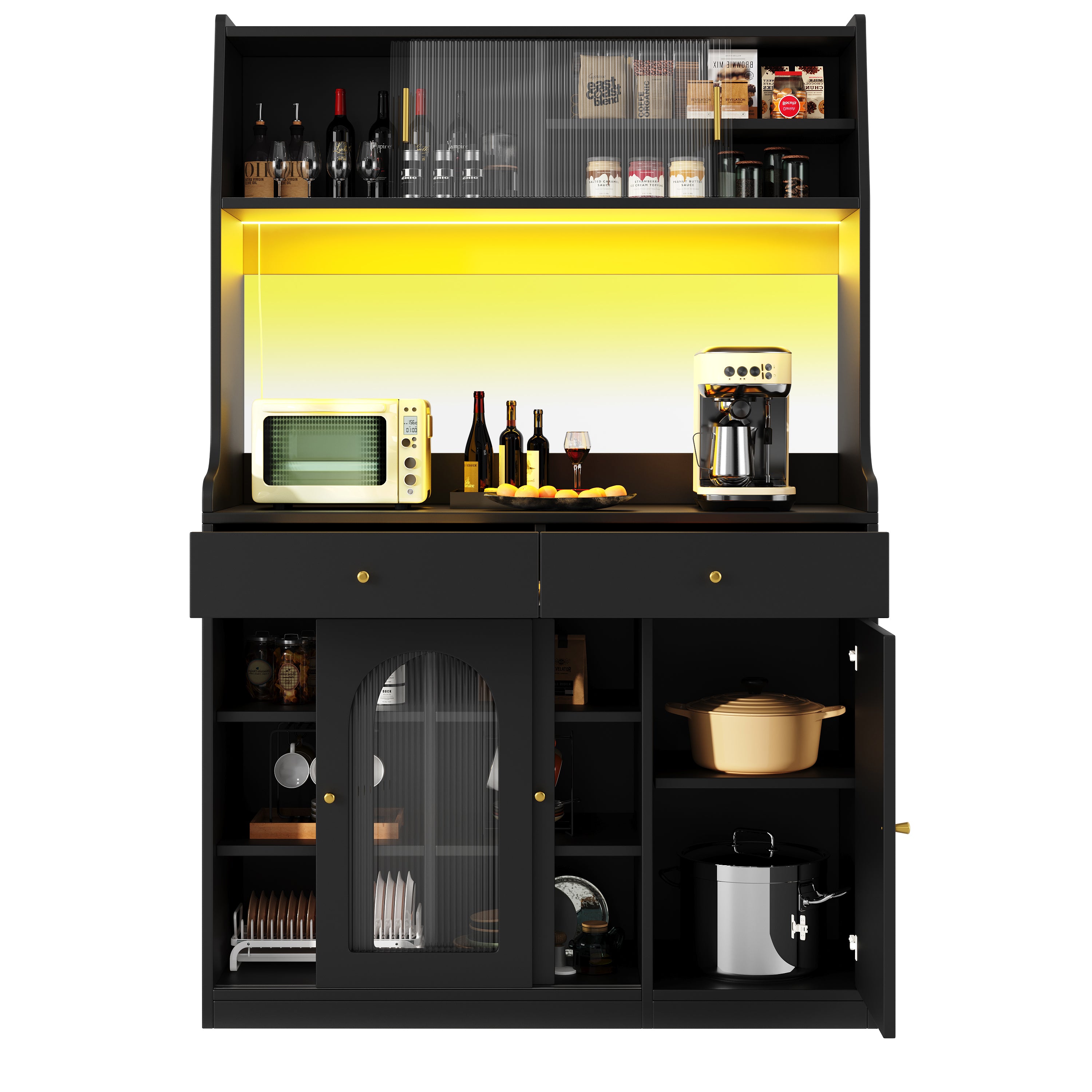 Kitchen Cabinet(120*40*180cm), Tall Cabinet, Display Cabinet, Buffet Cabinet with Adjustable Shelves, Dining Room Cabinet with 2 Drawers, Sideboard with LED Lighting, Variable Light Colors, Black