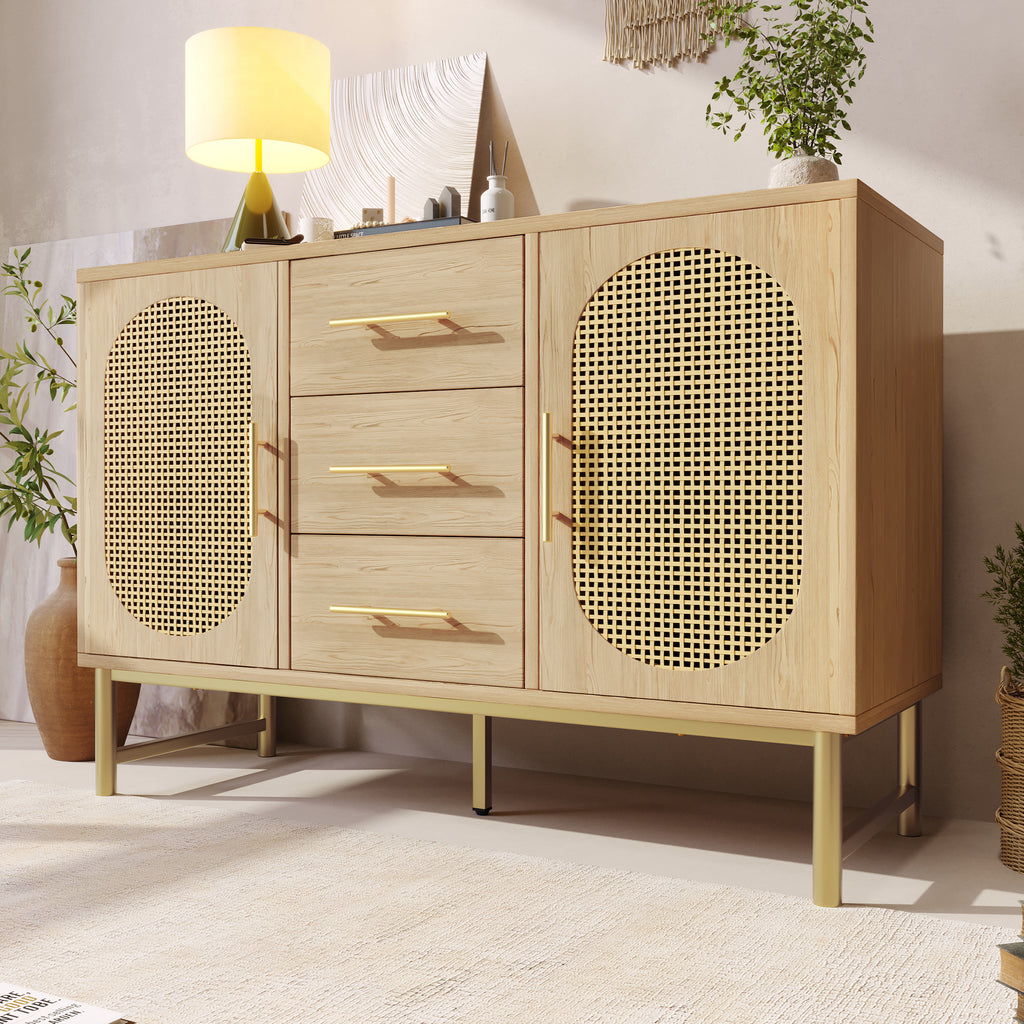 Rattan Sideboard Storage Cabinet  with 2 Doors 3 Drawers, Storage Cabinet for Living Room, Bedroom, and Hallway, Metal Handles, Adjustable Shelves, Anti-Tip, 120 x 40 x 74 cm, Oak