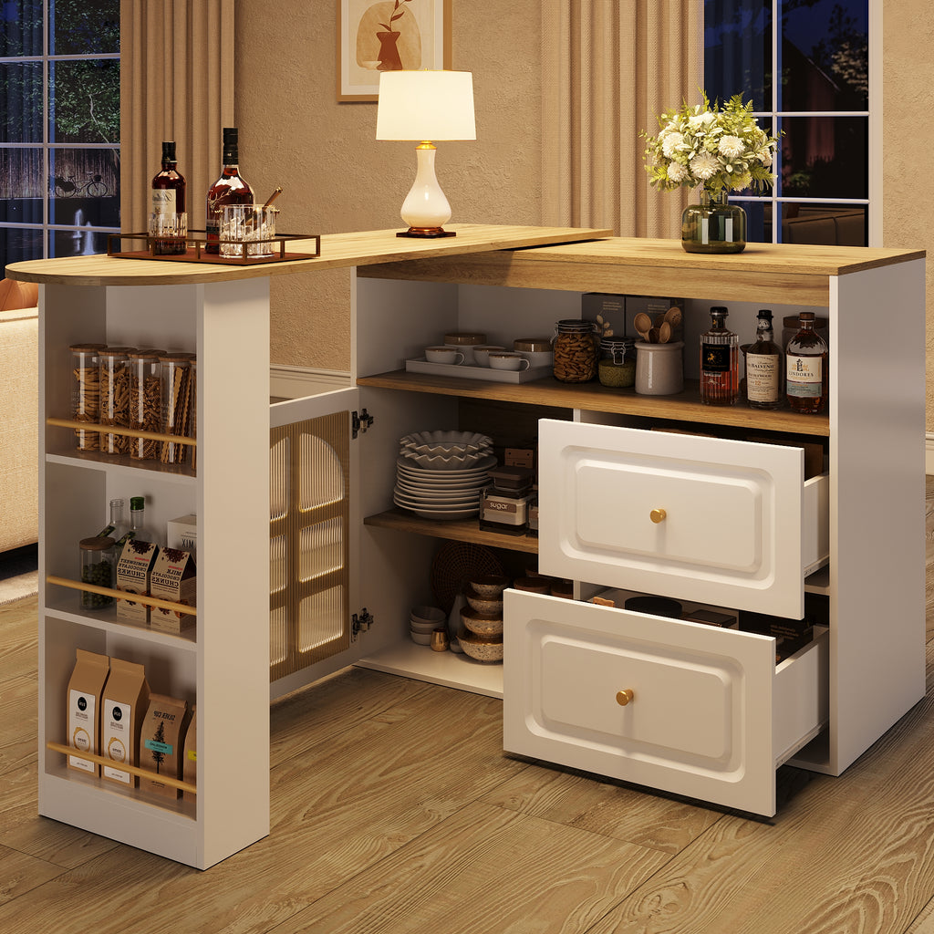 Rotating sideboard, suitable for bedrooms, living rooms, dining rooms, 2 drawers, snack shelf, open storage compartment, rotating sideboard cabinet with shelves and curved glass, white