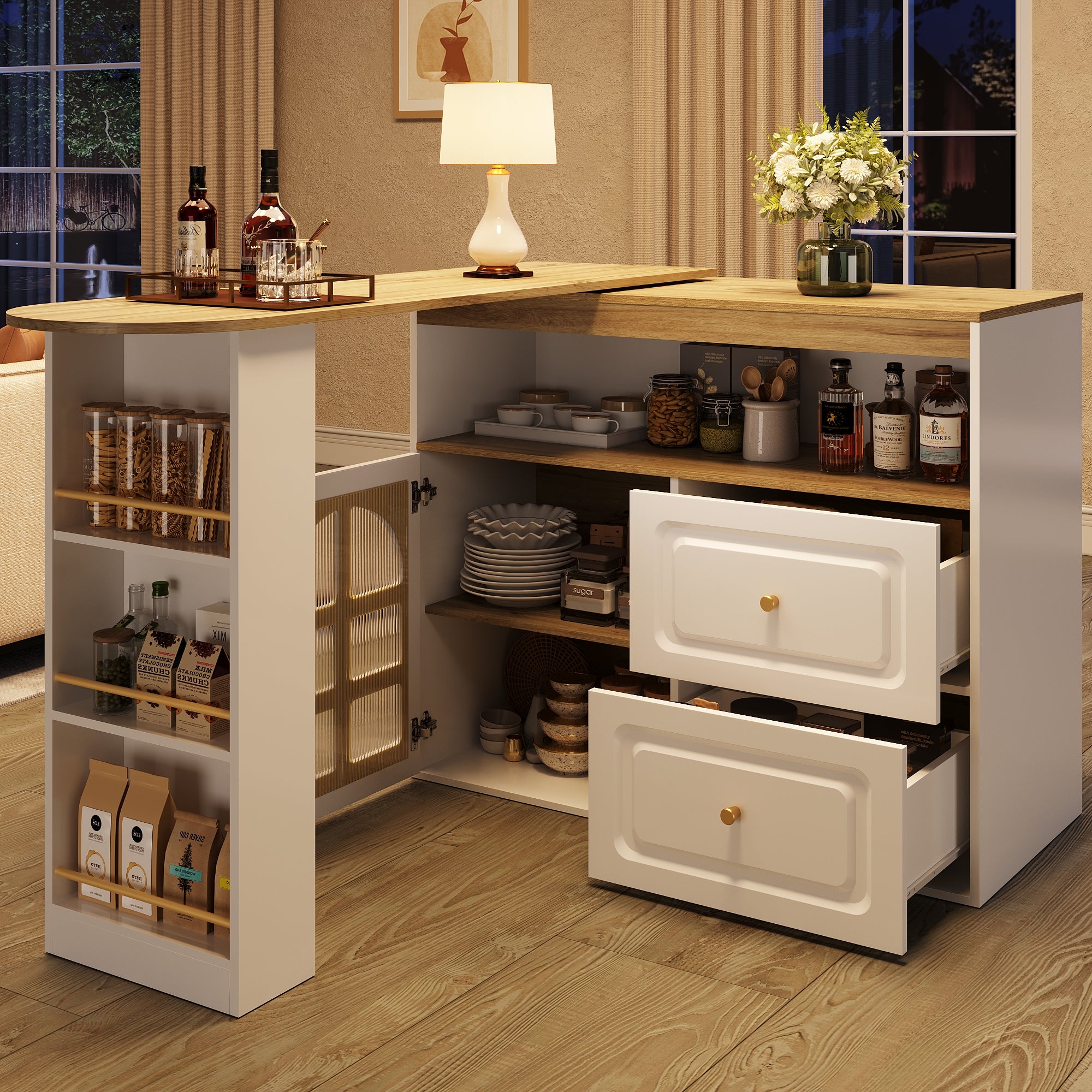 Rotating sideboard, suitable for bedrooms, living rooms, dining rooms, 2 drawers, snack shelf, open storage compartment, rotating sideboard cabinet with shelves and curved glass, white