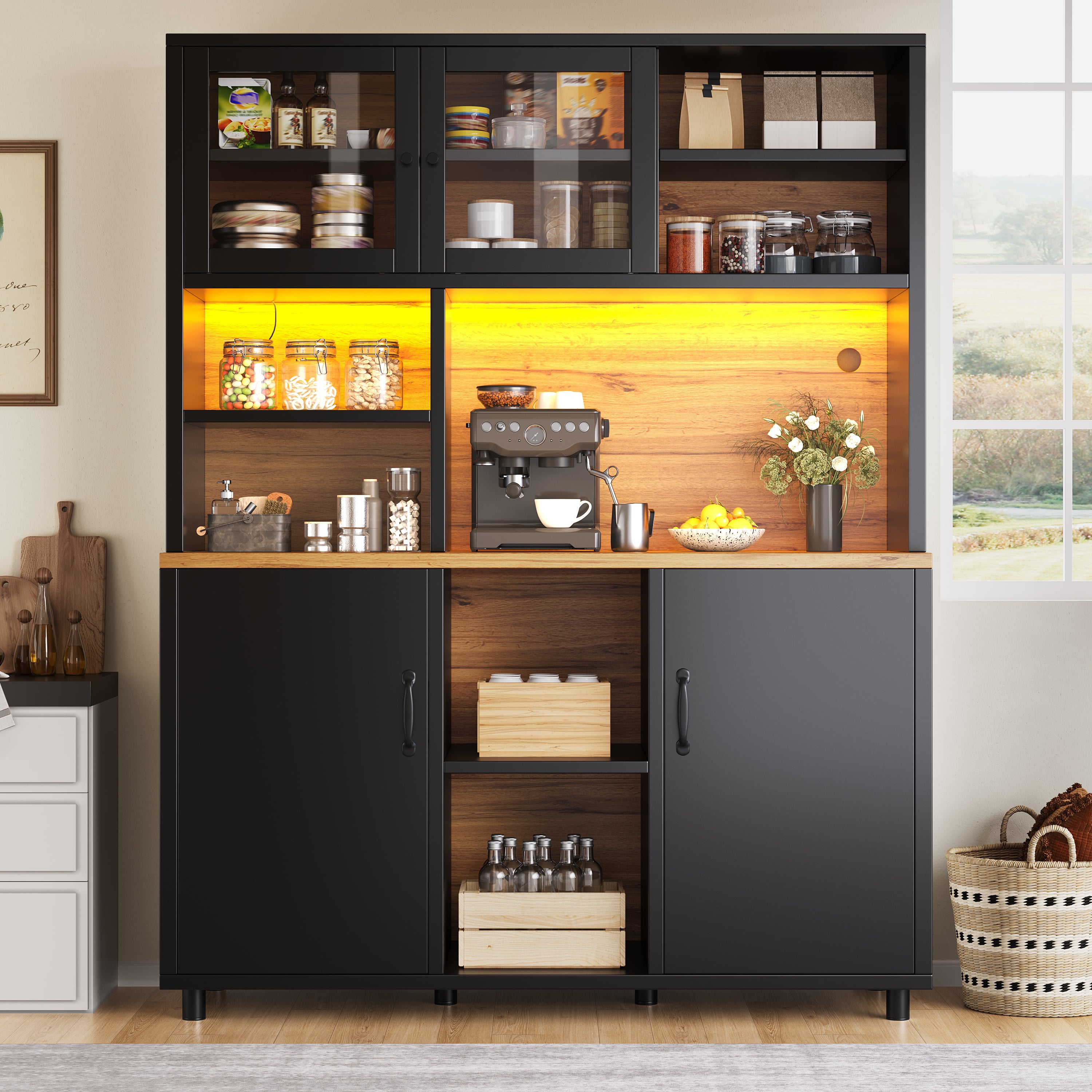 Tall cabinets for the living room, kitchen cabinet, dining room cabinet, cabinets with LED lighting, cabinet door with snack shelf, retro style, black