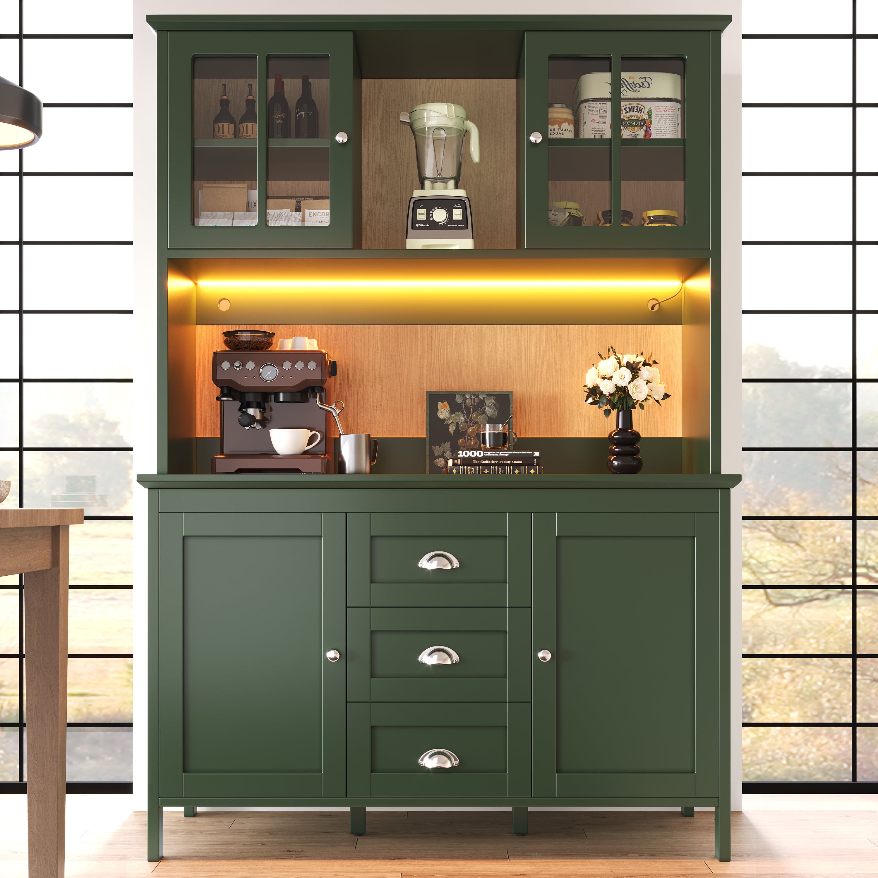 Sideboard, Storage Cabinet, Kitchen Cabinet, Tall Sideboard with LED Lighting, 120x40x179 cm, 4 Doors & 3 Drawers, Black/Green