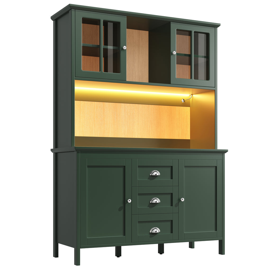 Sideboard, Storage Cabinet, Kitchen Cabinet, Tall Sideboard with LED Lighting, 120x40x179 cm, 4 Doors & 3 Drawers, Black/Green