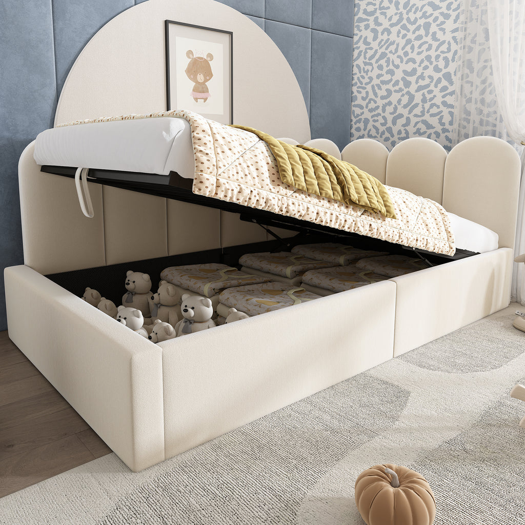 Upholstered Bed Daybed with Storage, 3FT Single Sofa Bed 90 x 190 cm, Daybed with Hydraulic Storage, Bed Frame with Metal Slatted Frame, Velvet, Beige (No Mattress)