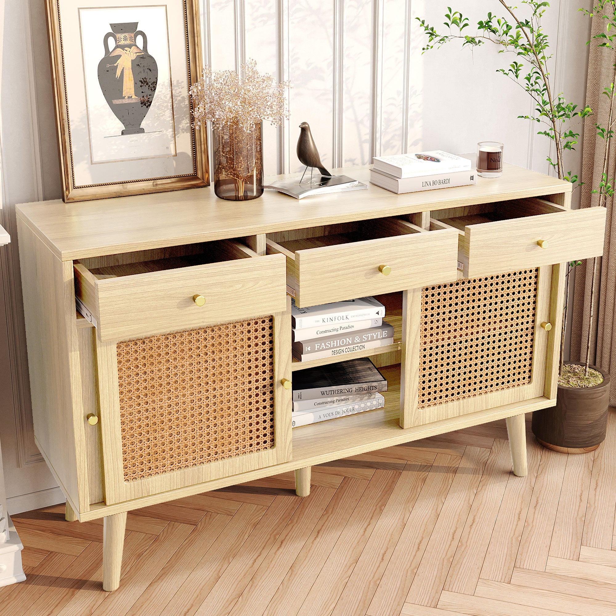 Modern retro rattan door sideboard 120*40*78cm, three drawer storage cabinet, wooden frame, stylish leg design, suitable for living room, dining room and entrance