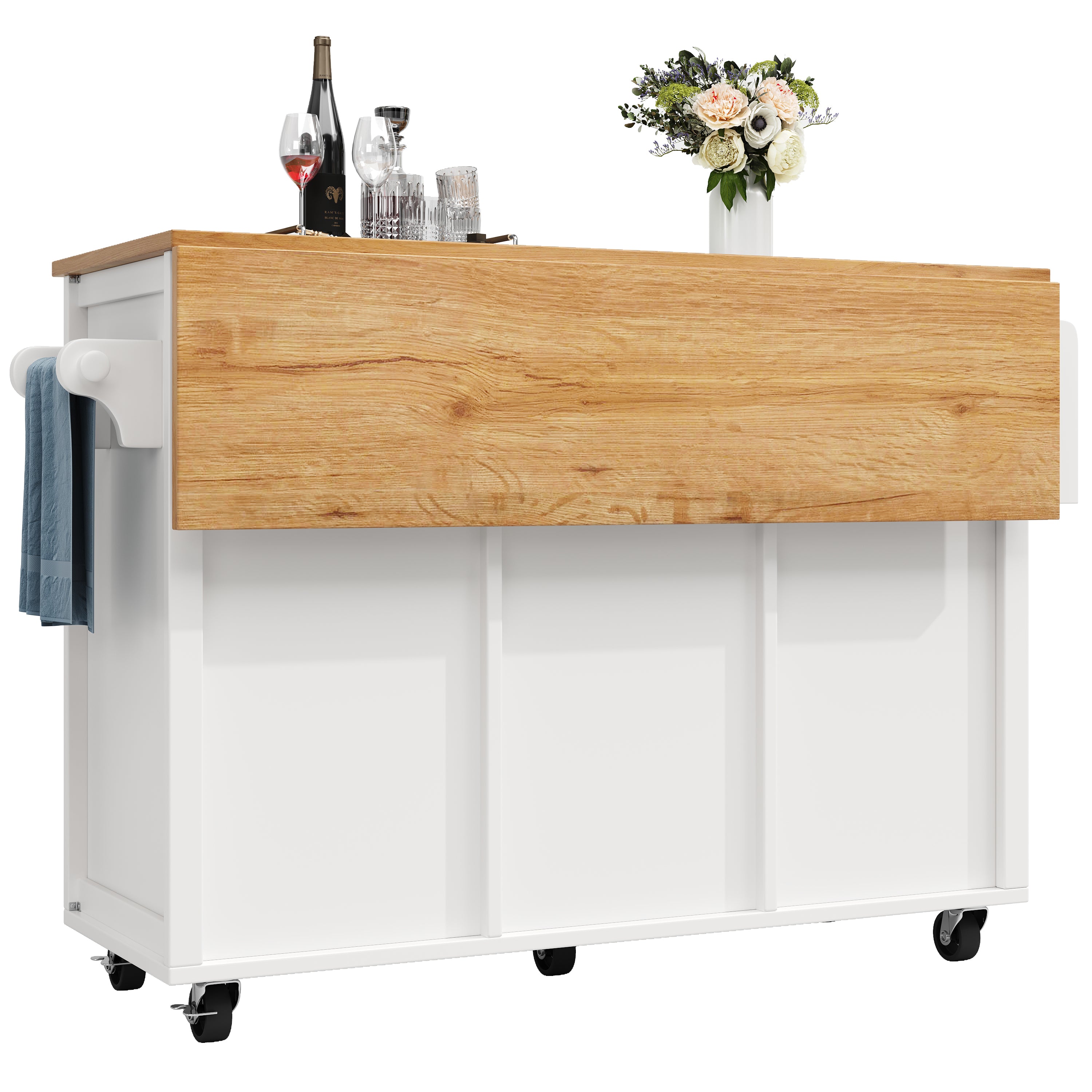 Kitchen cart, buffet cabinet, kitchen trolley with folding worktop, Kitchen island with towel rack and spice rack, wine rack and adjustable shelves, white