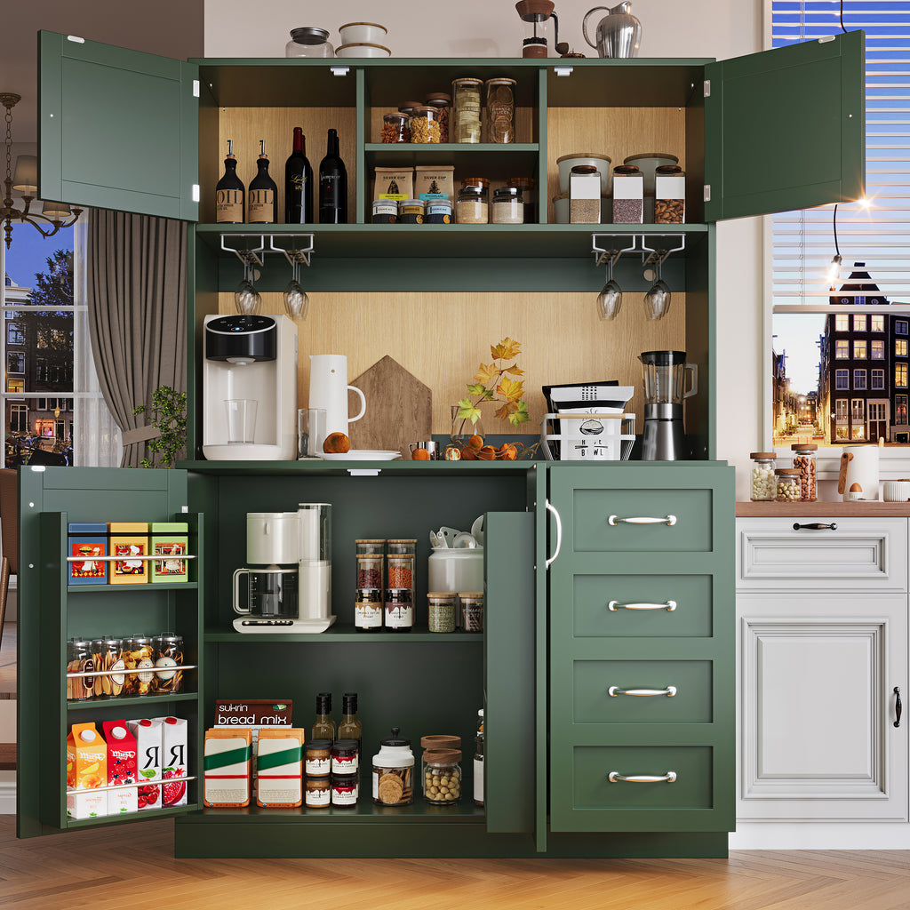 Sideboard / Storage Cabinet / Kitchen Cabinet / Buffet Cabinet, 120x40x188cm, with LED Lighting, Snack Rack & Drink Holders, 4 Doors & 2 Large Drawers, Green/White