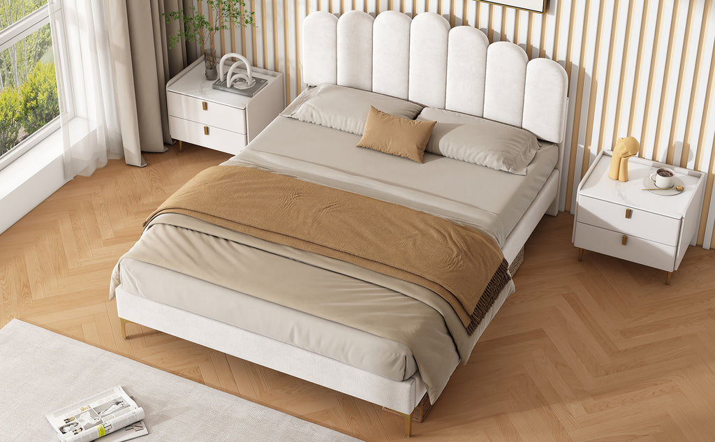 4ft6 Double Premium Velvet Upholstered Bed Frame with Scalloped Channel Tufted Design, Height Adjustable Headboard & Gold Metal Feet, Under-bed Storage Space, No Box Spring Needed, Beige (No Mattress)