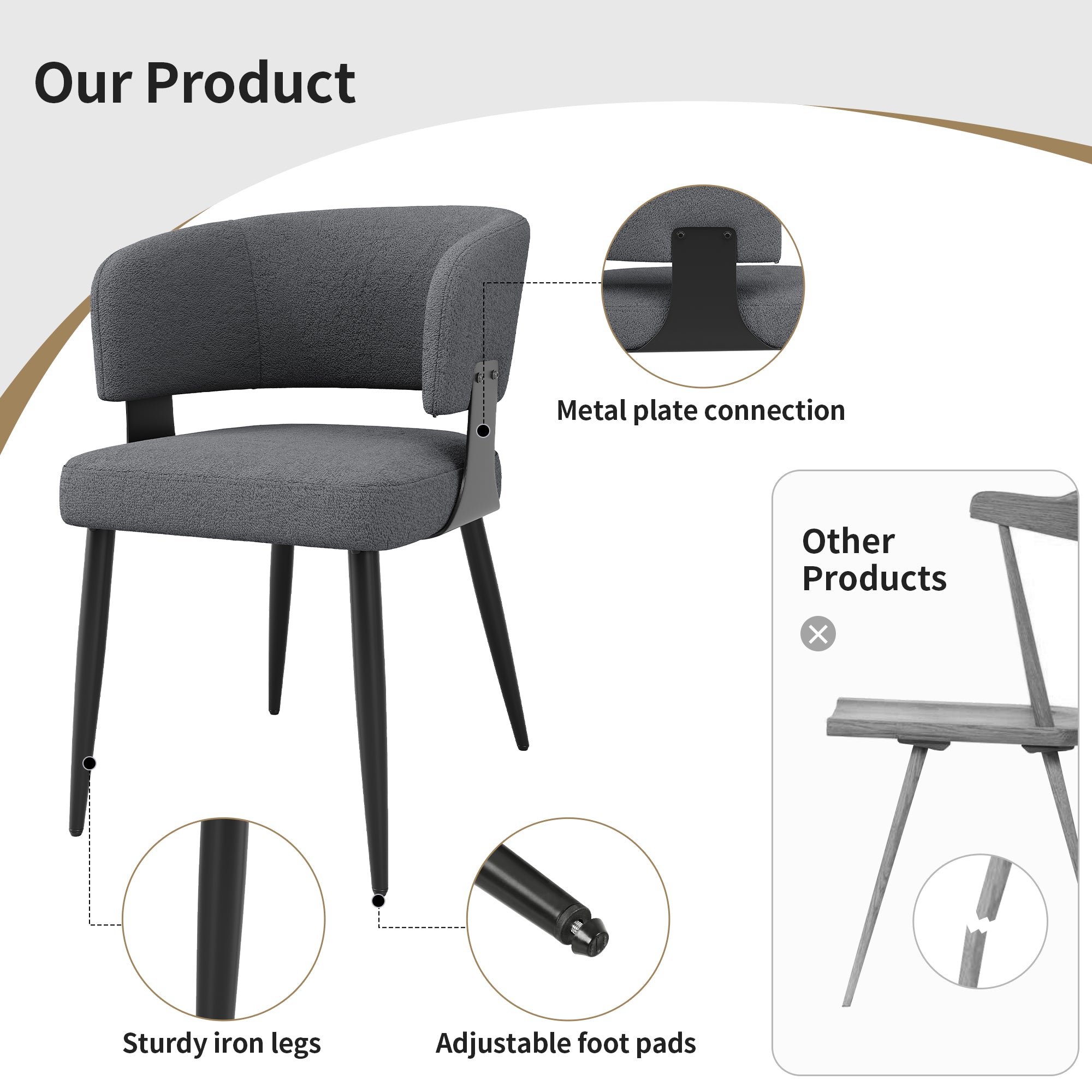 Modern Dining Chairs set of 2,Dining Room Chairs with Metal Legs – Upholstered Fabric Dining Room Chairs with Curved Backrest, Soft Cushion Seat and Sturdy Metal Frame
