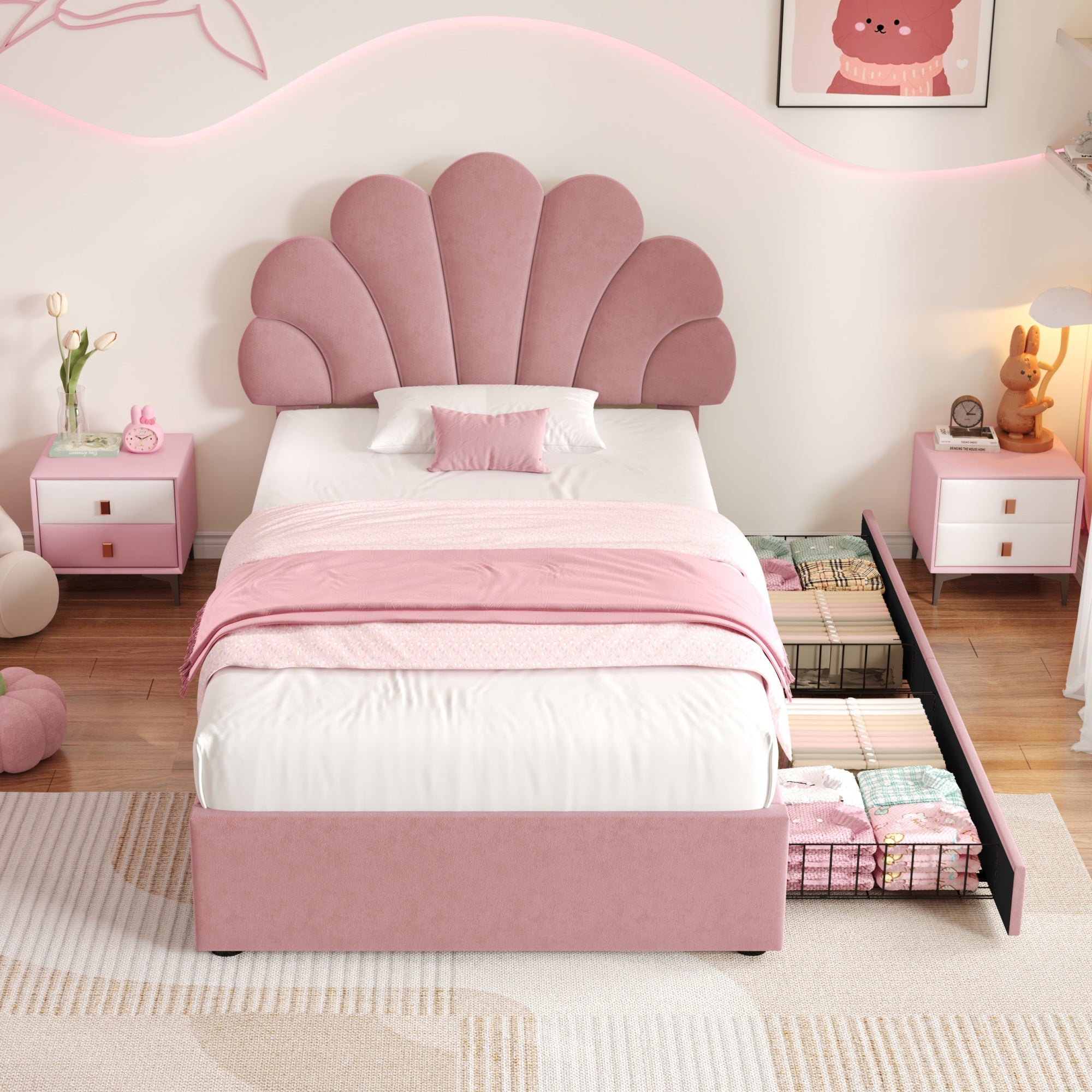 3ft Single Upholstered Bed with Adjustable Chic Petal Headboard, Soft Velvet Bed Frame with 2 Storage Drawers, Petal Bed with Solid Wood Slat, No Box Spring Needed, Easy Assembly, Pink (No Mattress)