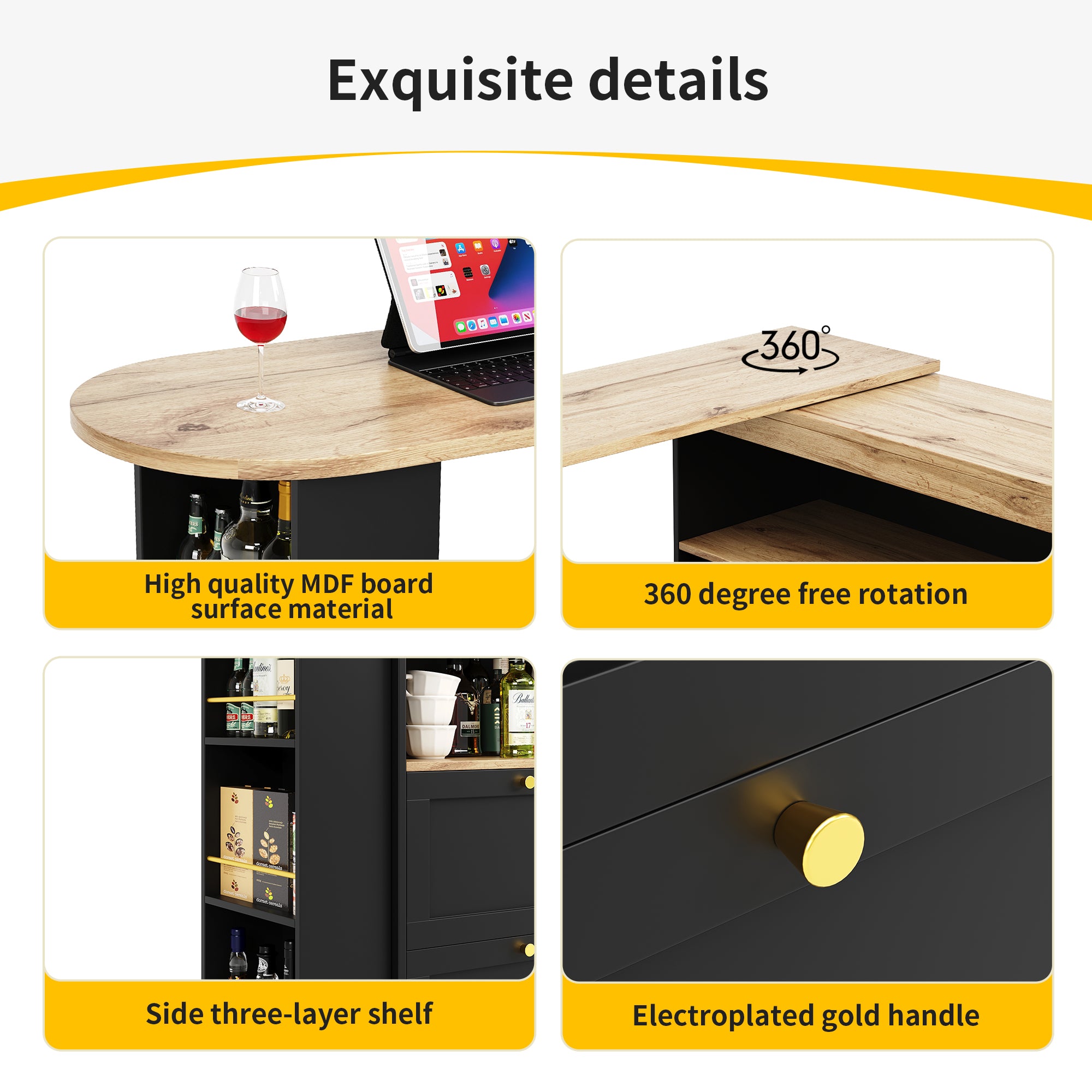 360° Swivelling Bar Table (Main Body 105 x 39 x 102 cm), with 4 Drawers and Open Shelves, Suitable for Dining Room/Study/Living room etc.
