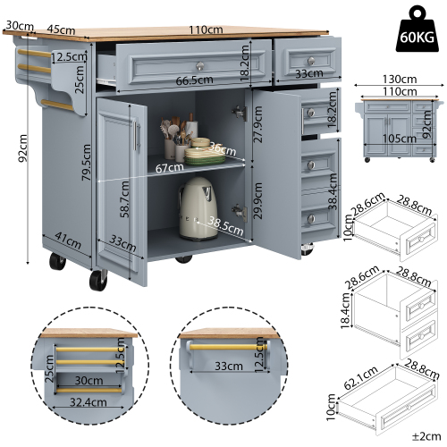Kitchen island (110×45-75×92cm), removable serving trolley buffet cabinet, dining trolley with vintage pattern, buffet cabinet, multifunctional dining table with storage space, Blue