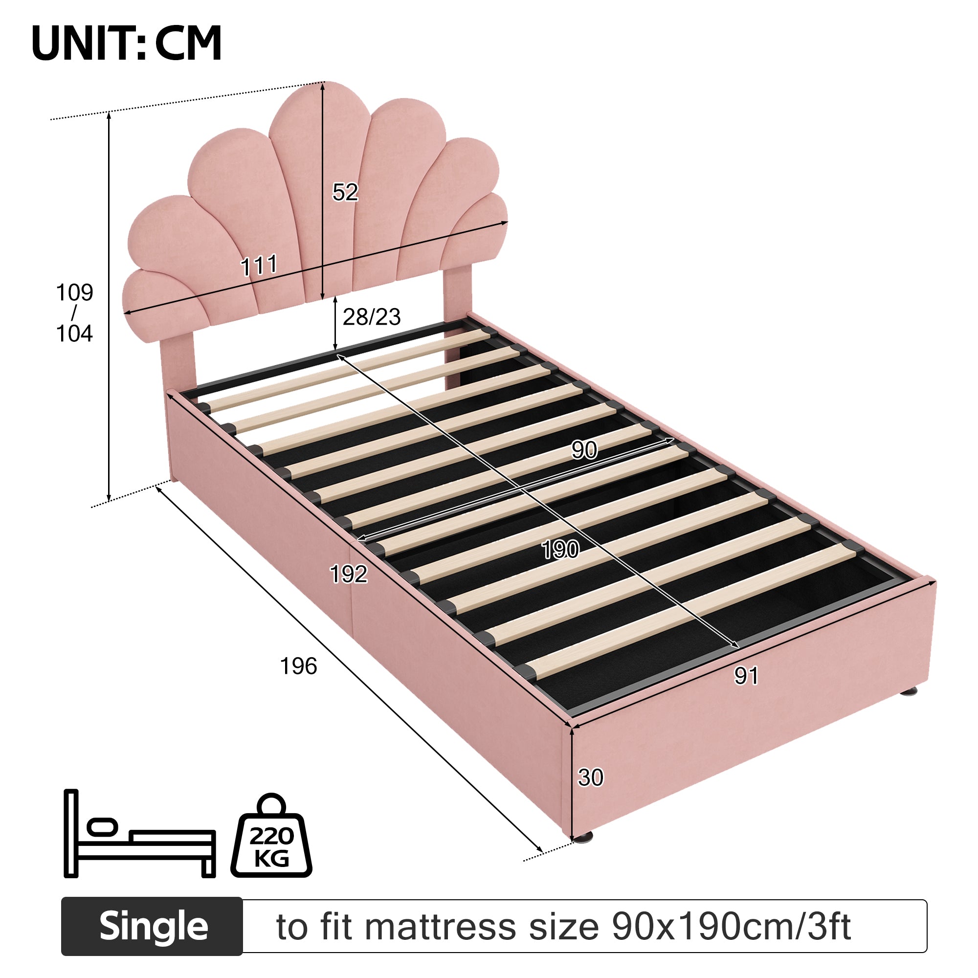 3ft Single Upholstered Hydraulic Bed with Adjustable Chic Petal Headboard, Soft Velvet Bed Frame with Hydraulic Storage, Petal Bed with Solid Wood Slat, No Box Spring Needed, Pink (No Mattress)