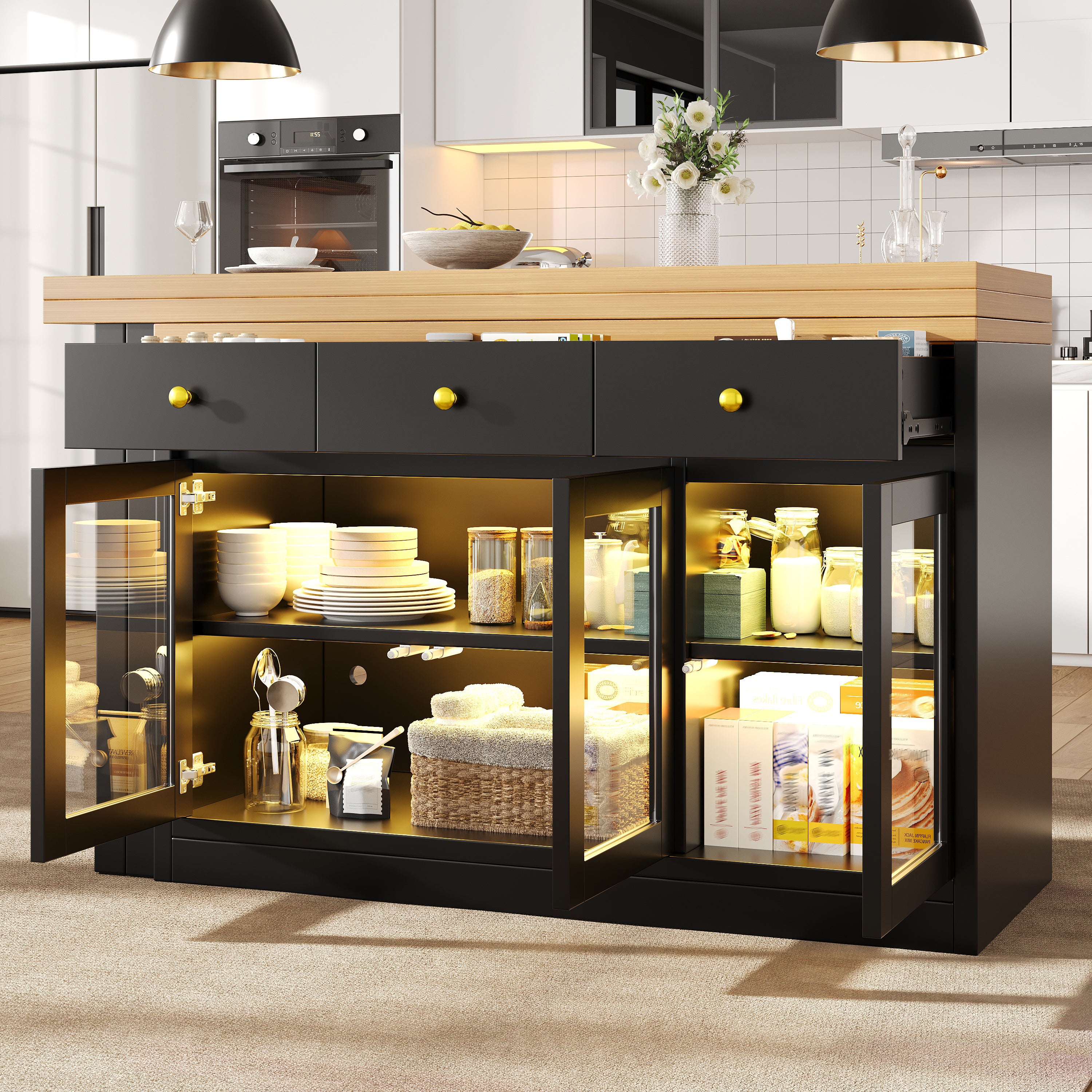 Extendable Kitchen Island with LED Lights, 120-200cm Adjustable Dining Table with Storage, 3 Drawers & Glass Cabinets, White/Black