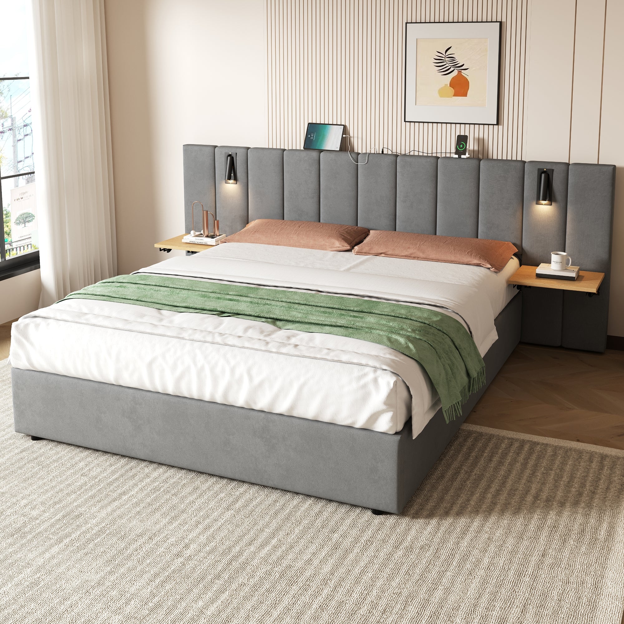 King Upholstered Bed with Charging Station, Velvet Hydraulic Storage Bed with Reading Light, 5ft King Bed Frame with Channel Tufted Headboard and Adjustable Bedside Shelf, Grey (No Mattress)