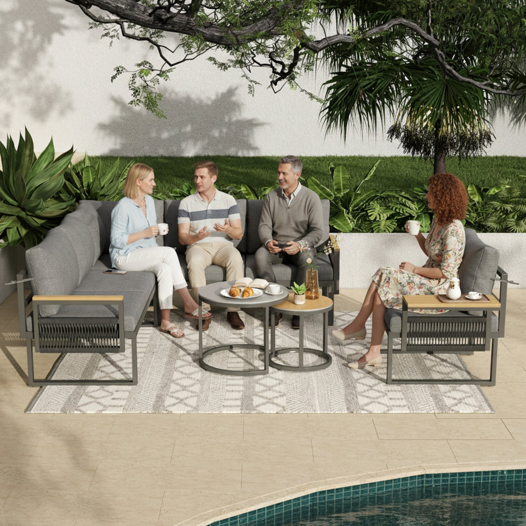 5-6 Seater Garden Furniture Set, Rope Woven Outdoor Corner Sofa with Matching Armchair, 2 Nesting Tempered Glass Coffee Tables and Adjustable Handrail Trays, Patio Lounge Set, Linen, Grey