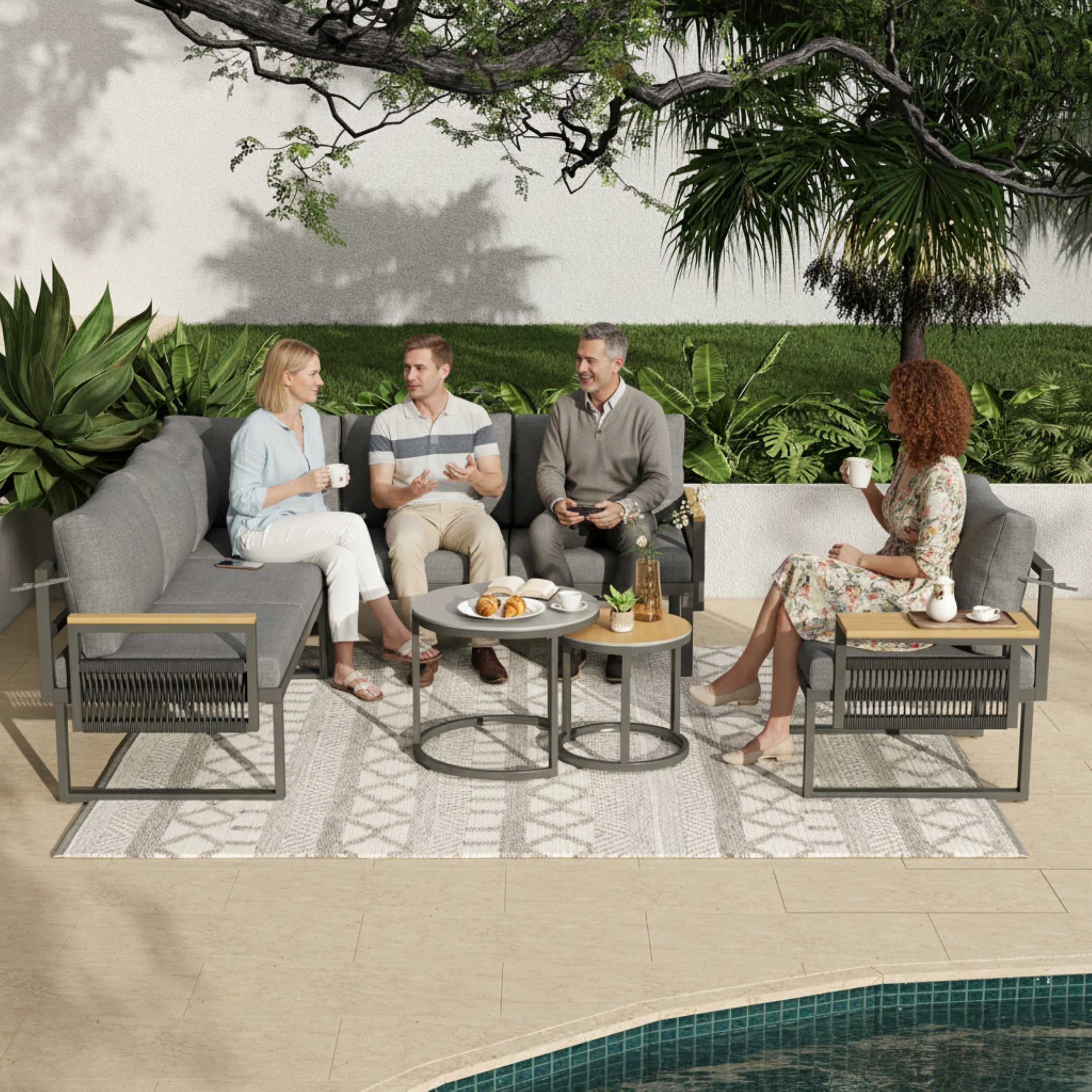 5-6 Seater Garden Furniture Set, Rope Woven Outdoor Corner Sofa with Matching Armchair, 2 Nesting Tempered Glass Coffee Tables and Adjustable Handrail Trays, Patio Lounge Set, Linen, Grey