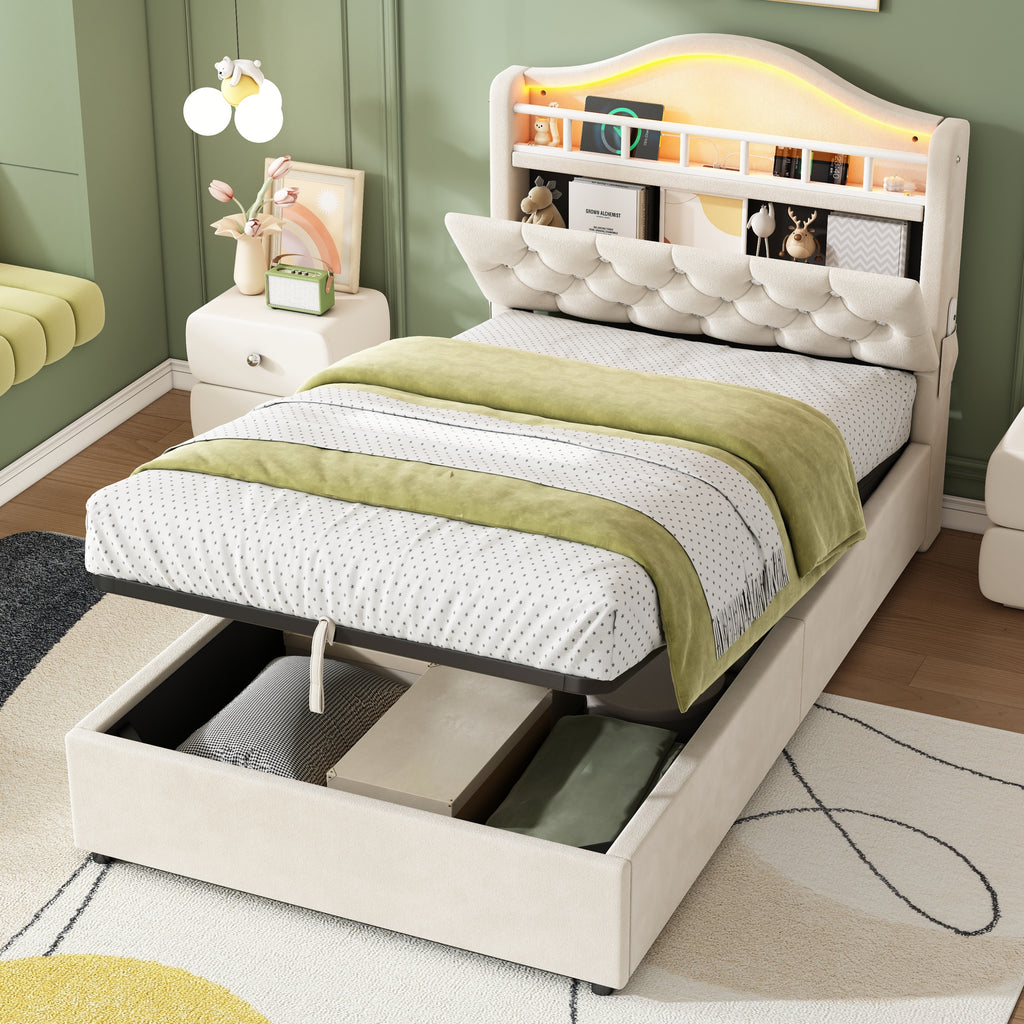 3ft Single Hydraulic Bed in Velvet, LED Bed Frame with Charging Station & Diamond Tufted Headboard, Multi-zone Storage, Solid & Stable Base,Beige (No Mattress)