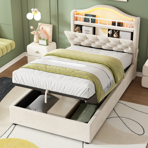 3ft Single Hydraulic Bed in Velvet, LED Bed Frame with Charging Station & Diamond Tufted Headboard, Multi-zone Storage, Solid & Stable Base,Beige (No Mattress)