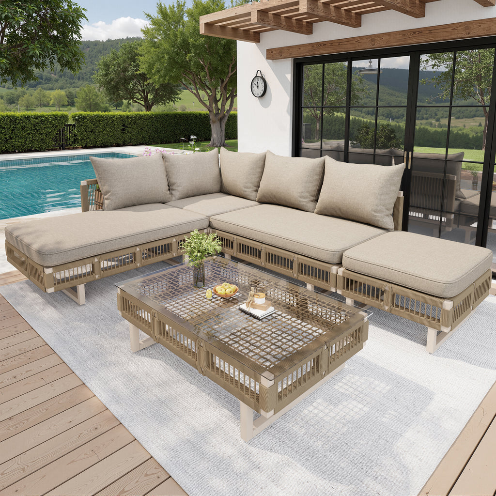 Modular Rope-Woven Outdoor Sofa Set with Tempered Glass Coffee Table, 10cm Thick Cushions, for Patio & Poolside